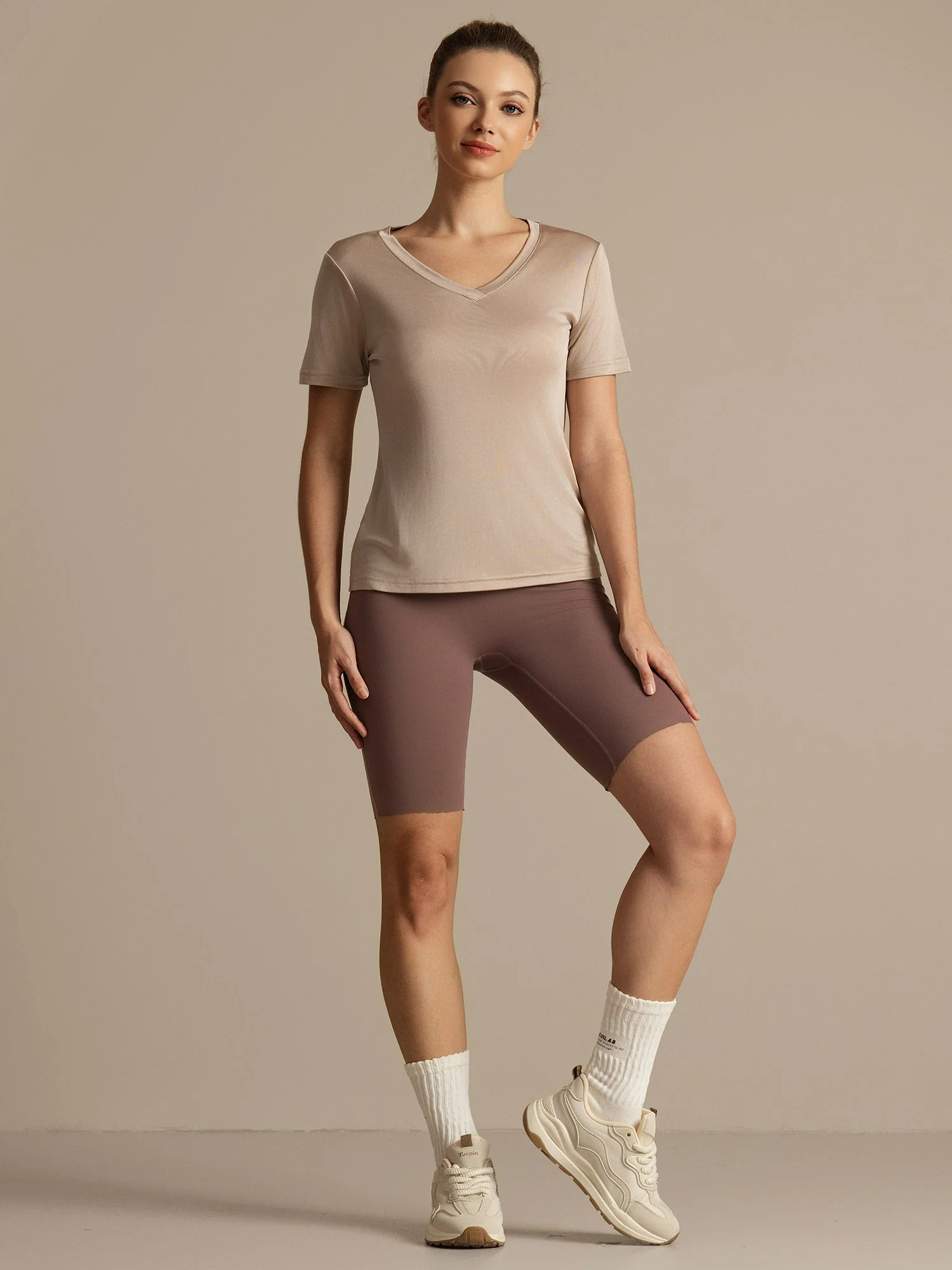 Pure Silk V-Neck Short Sleeves Women's Sport T-Shirt - Image 23