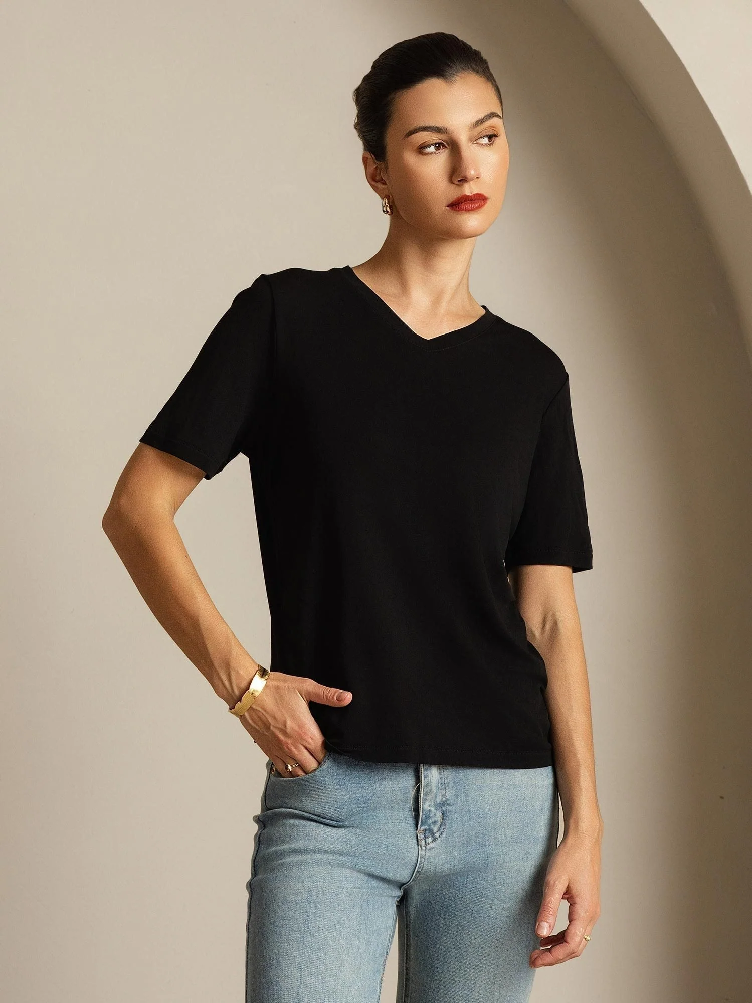 Pure Silk V-Neck Women's T-Shirt - Image 7