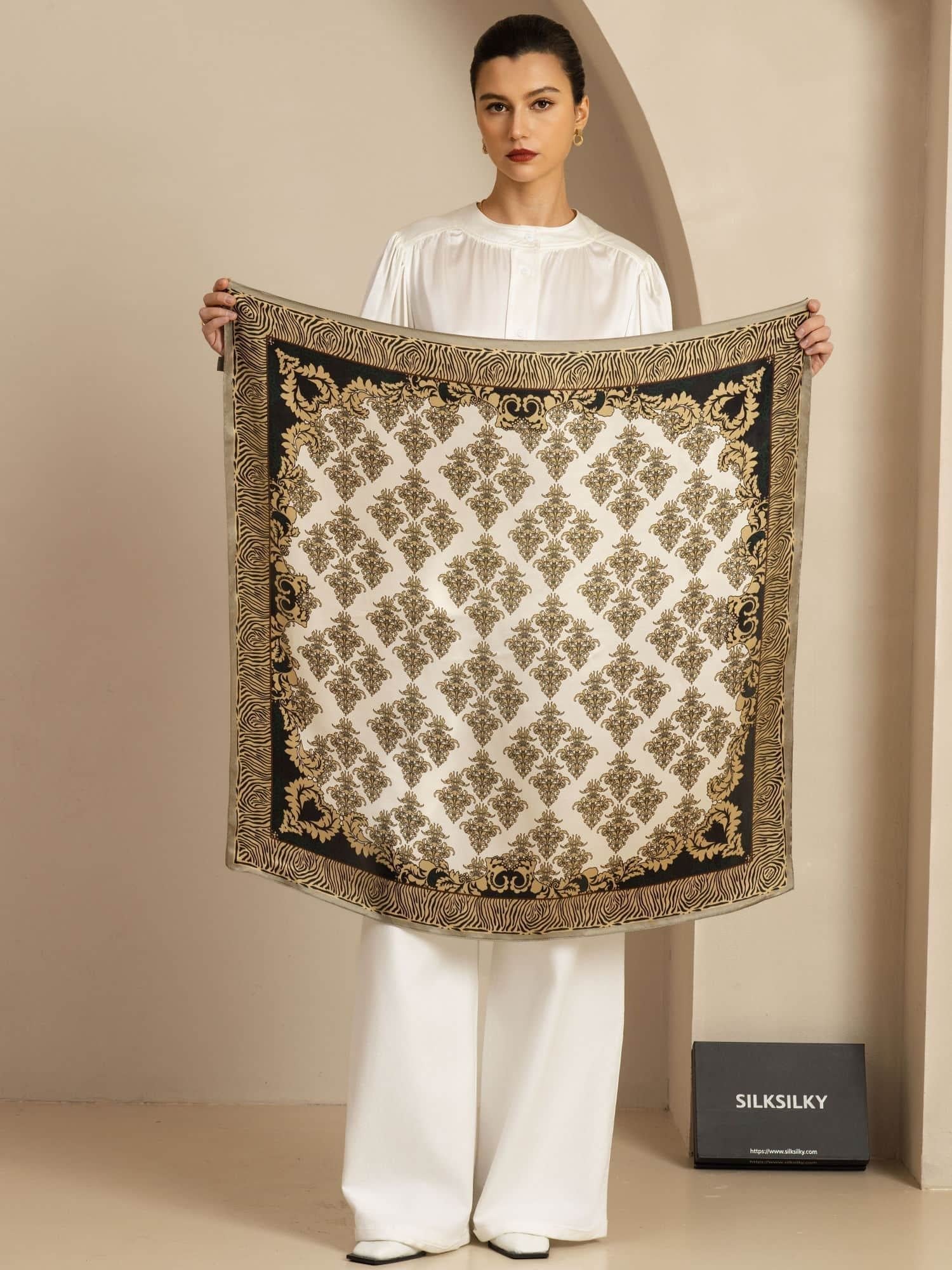 Pure Silk Vintage-Inspired Pattern Square Scarf - Size 90x90cm - Image 3