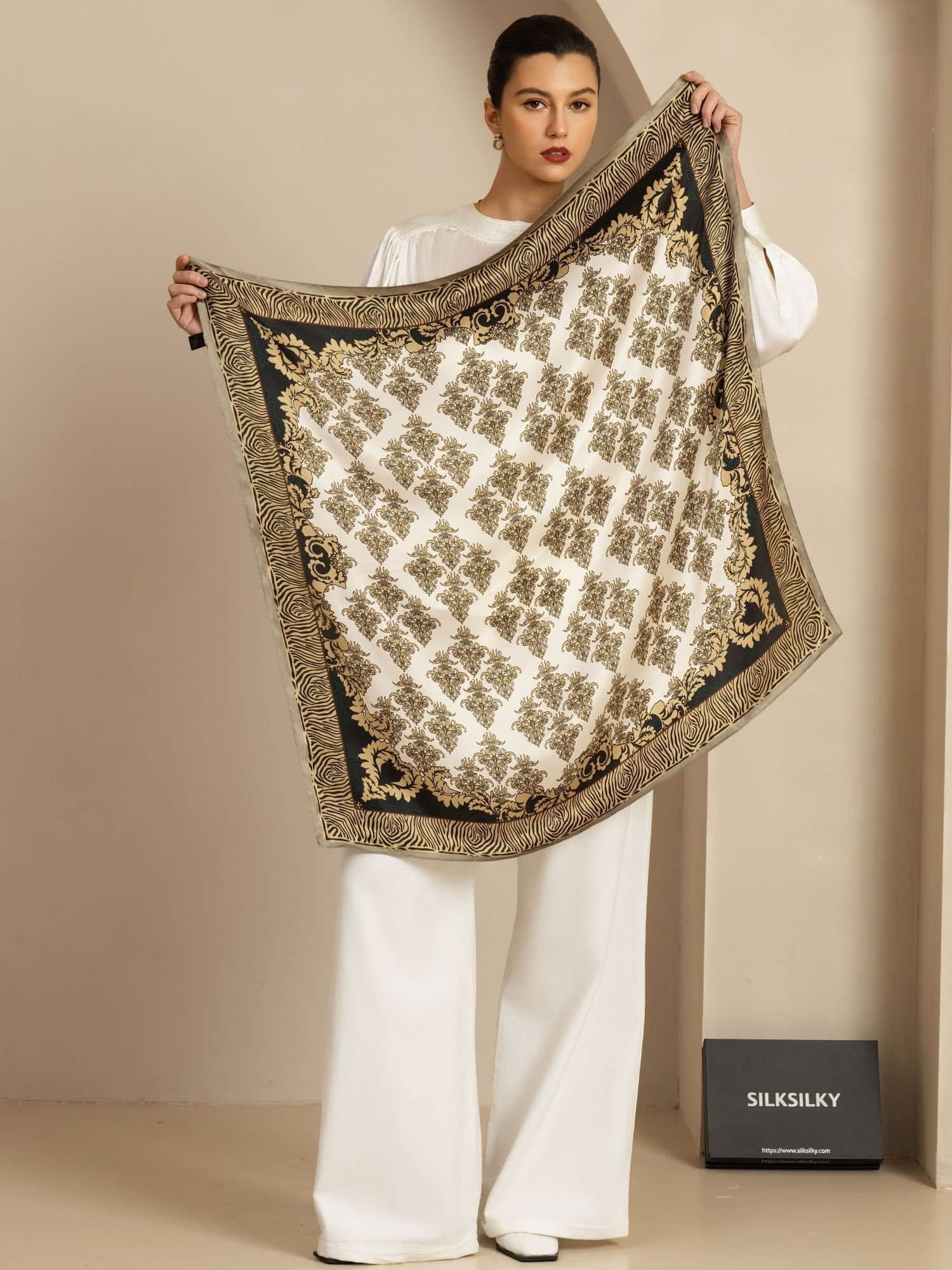 Pure Silk Vintage-Inspired Pattern Square Scarf - Size 90x90cm - Image 4