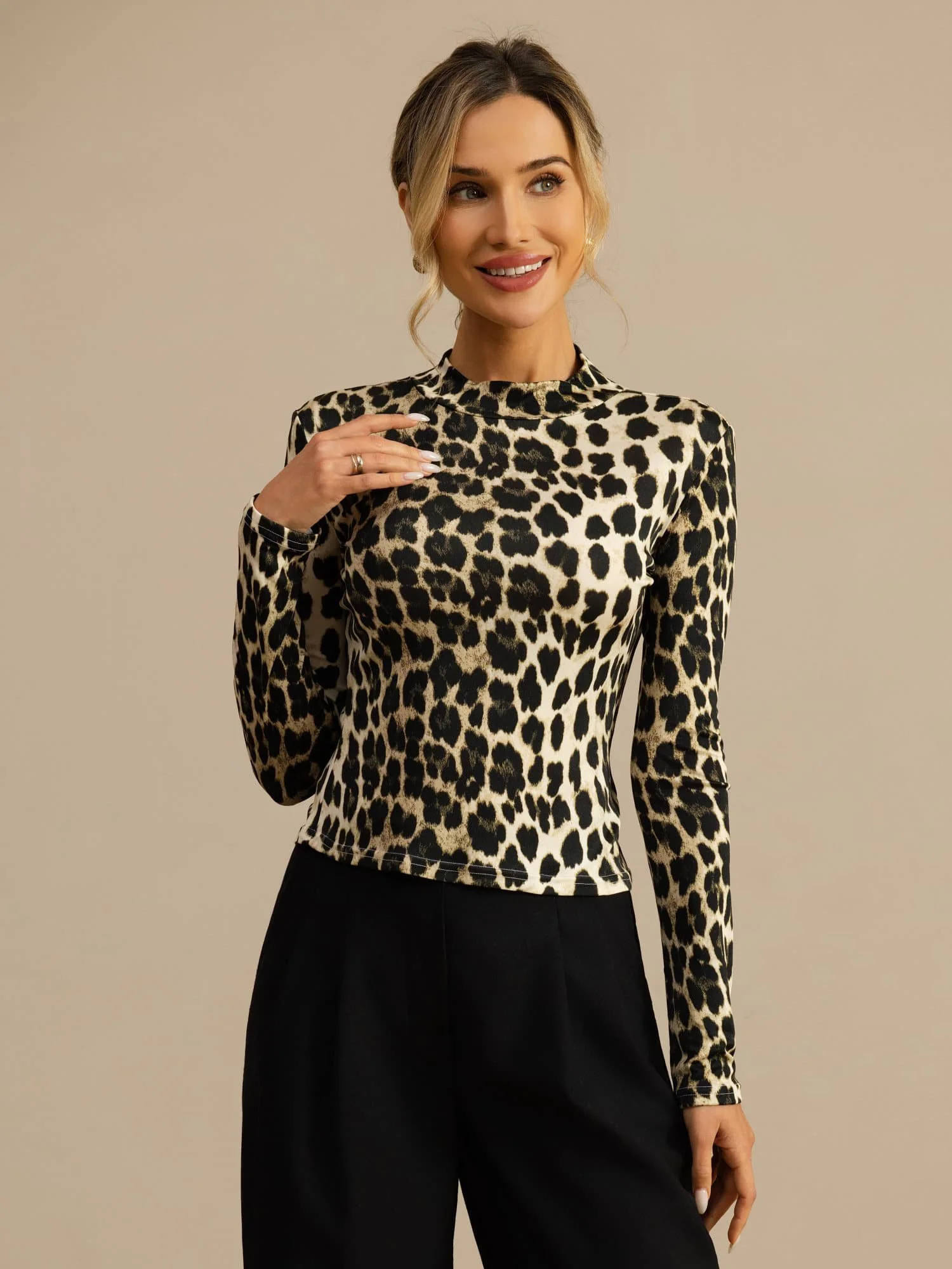 Pure Silk Wild Animal Print Women's Long Sleeve Mock Neck Top - Image 19