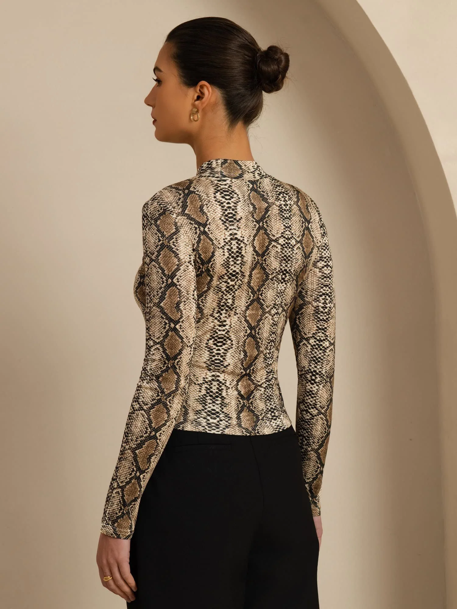Pure Silk Wild Animal Print Women's Long Sleeve Mock Neck Top - Image 2
