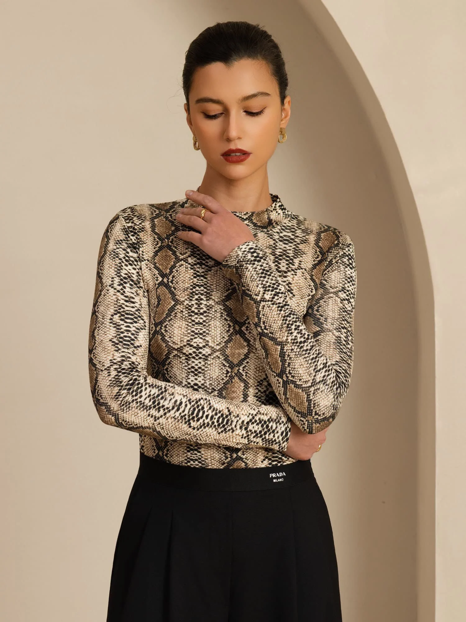Pure Silk Wild Animal Print Women's Long Sleeve Mock Neck Top - Image 5