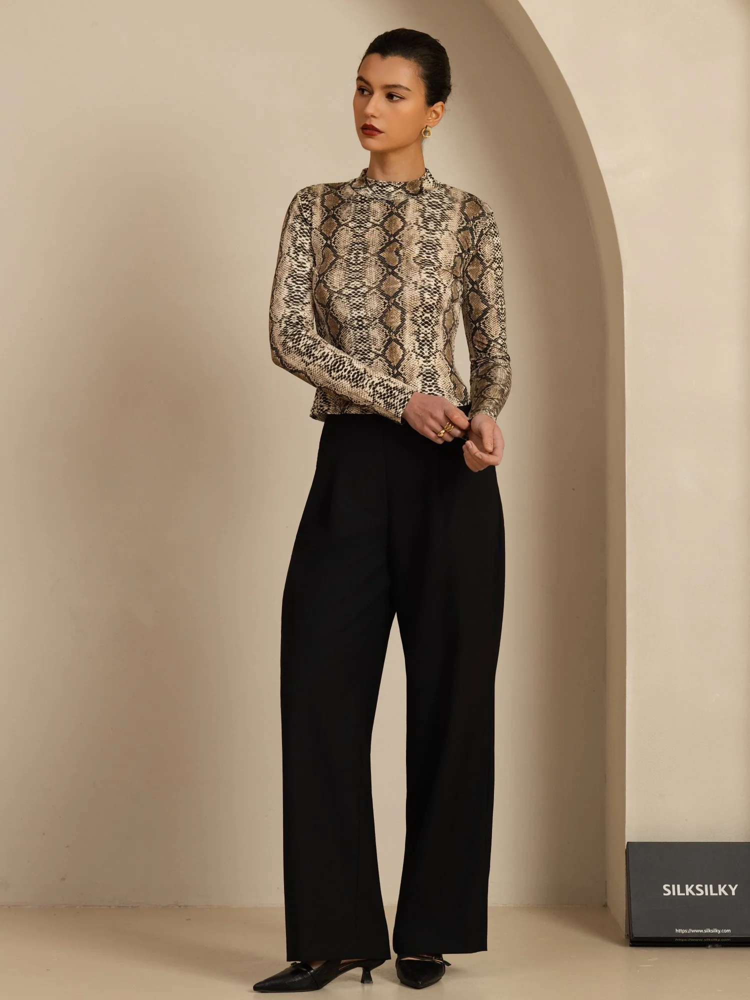 Pure Silk Wild Animal Print Women's Long Sleeve Mock Neck Top - Image 8