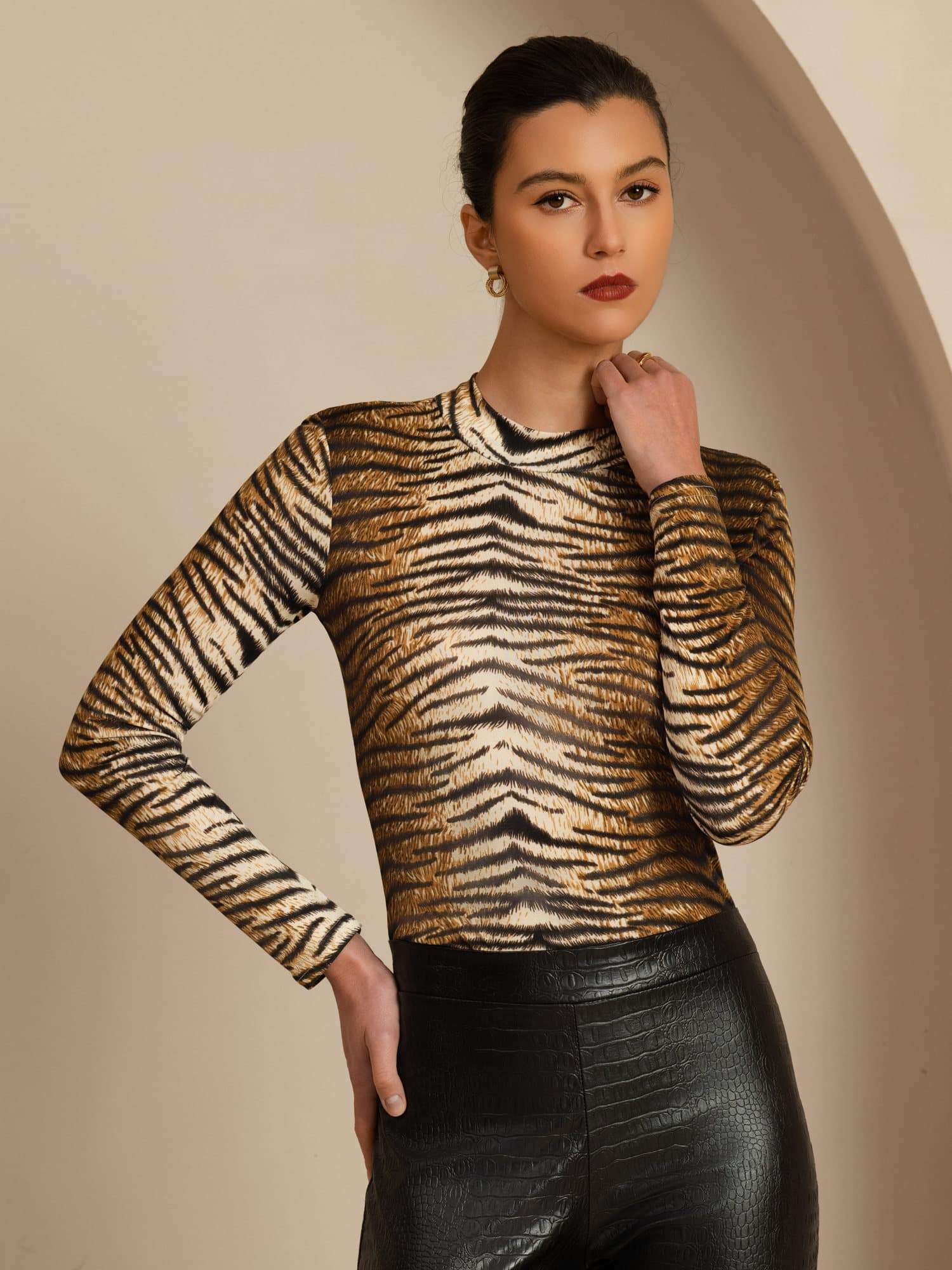 Pure Silk Wild Animal Print Women's Long Sleeve Mock Neck Top - Image 9