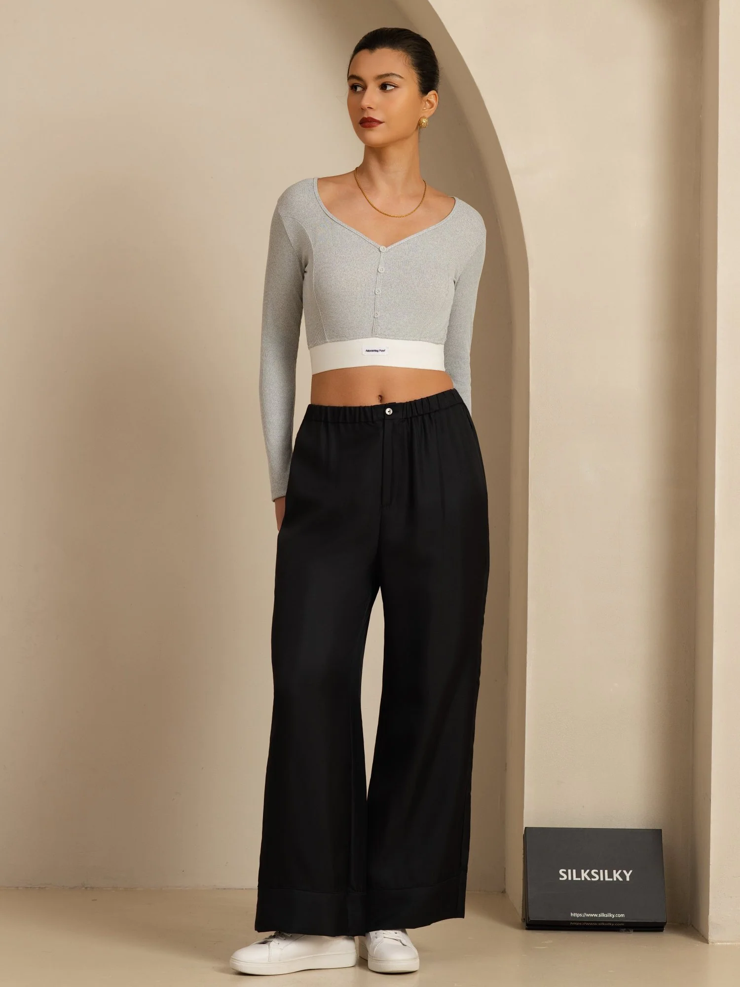 Pure Silk Women’s High Waist Full Length Elastic Waist Pants With Pockets - Image 11