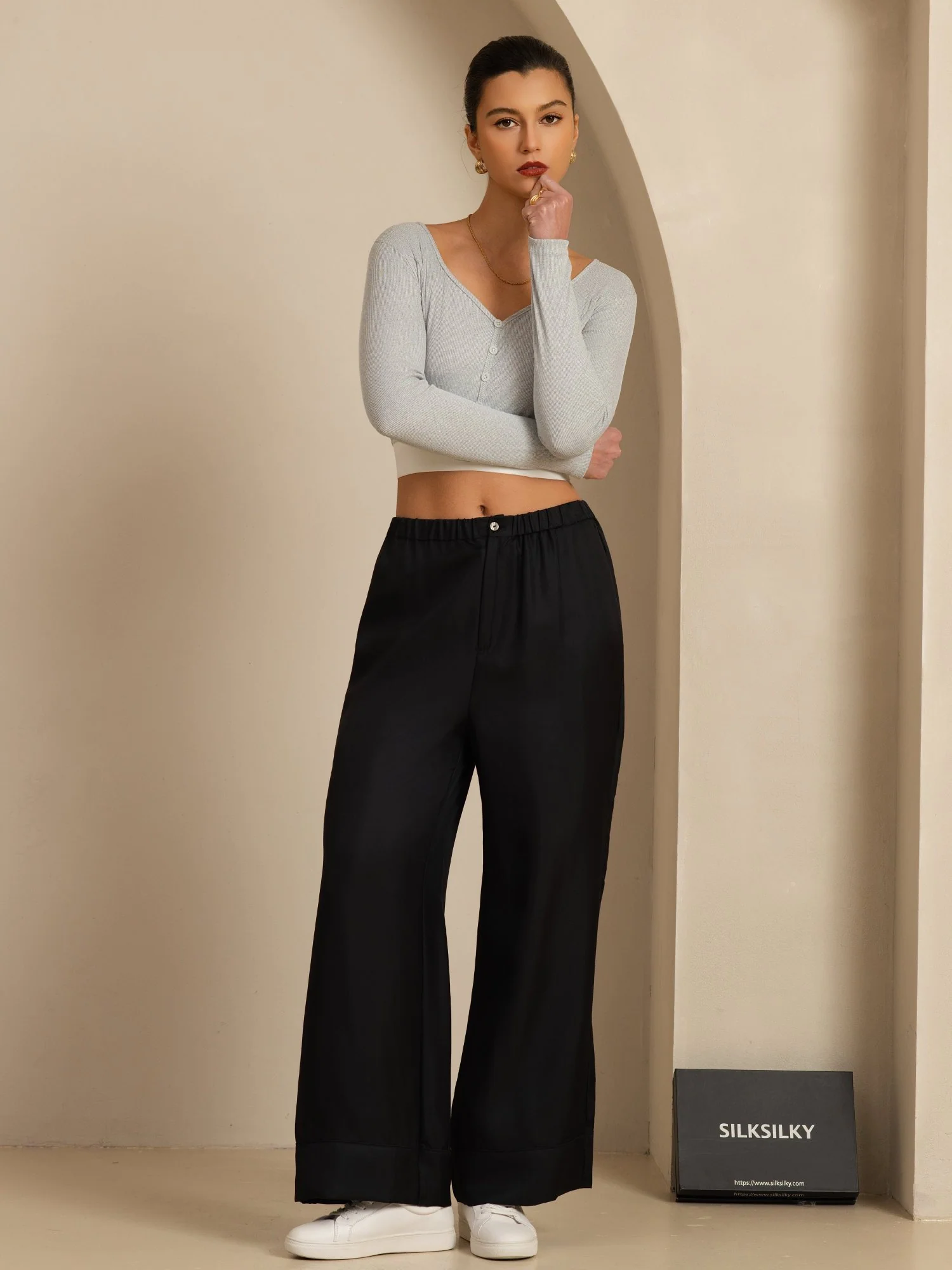 Pure Silk Women’s High Waist Full Length Elastic Waist Pants With Pockets - Image 12