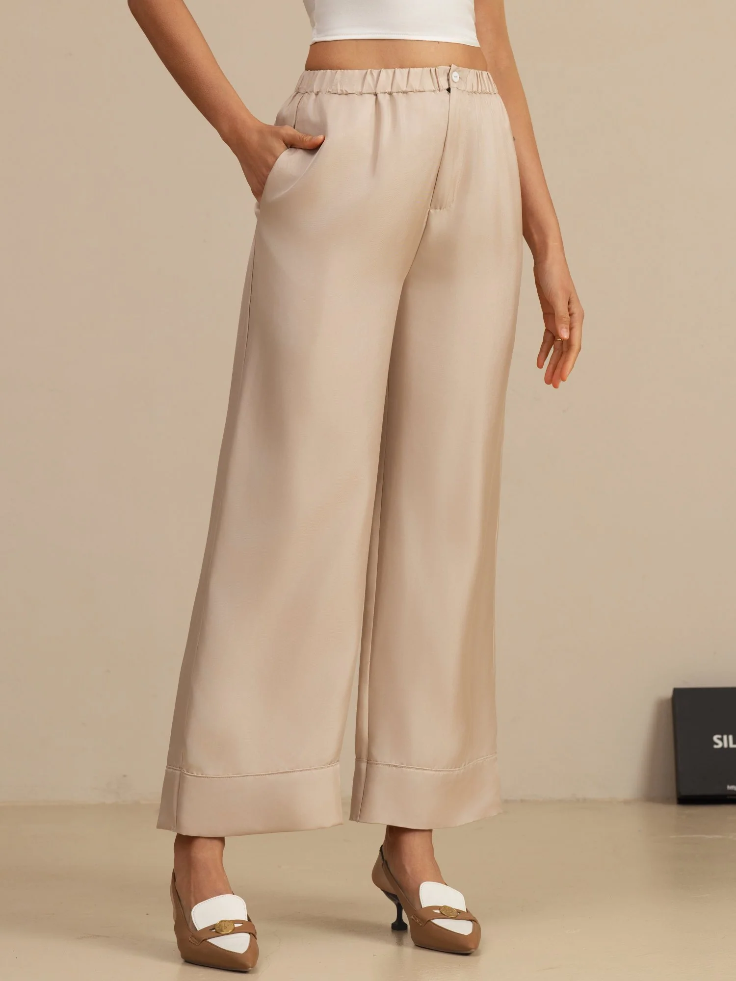 Pure Silk Women’s High Waist Full Length Elastic Waist Pants With Pockets - Image 13