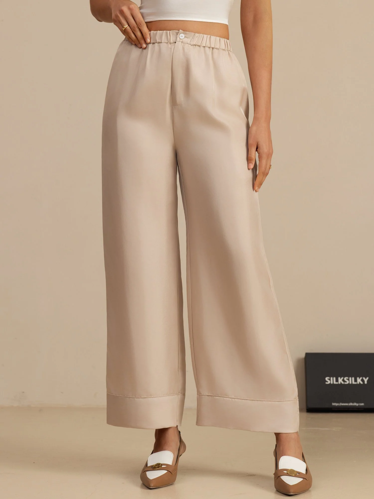 Pure Silk Women’s High Waist Full Length Elastic Waist Pants With Pockets - Image 15