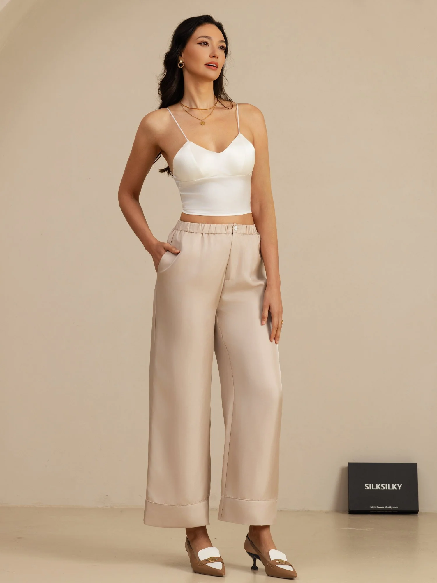 Pure Silk Women’s High Waist Full Length Elastic Waist Pants With Pockets - Image 18
