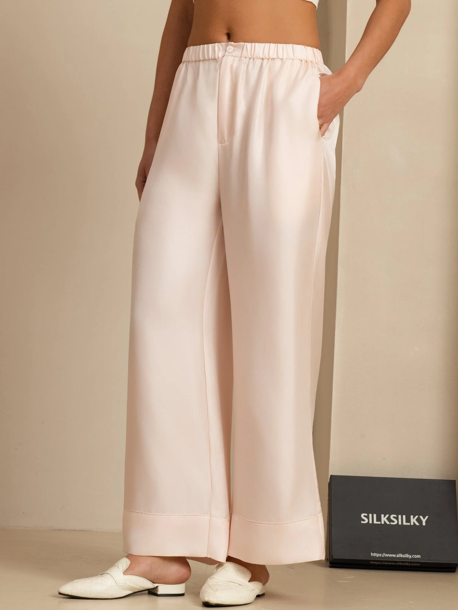 Pure Silk Women’s High Waist Full Length Elastic Waist Pants With Pockets - Image 21