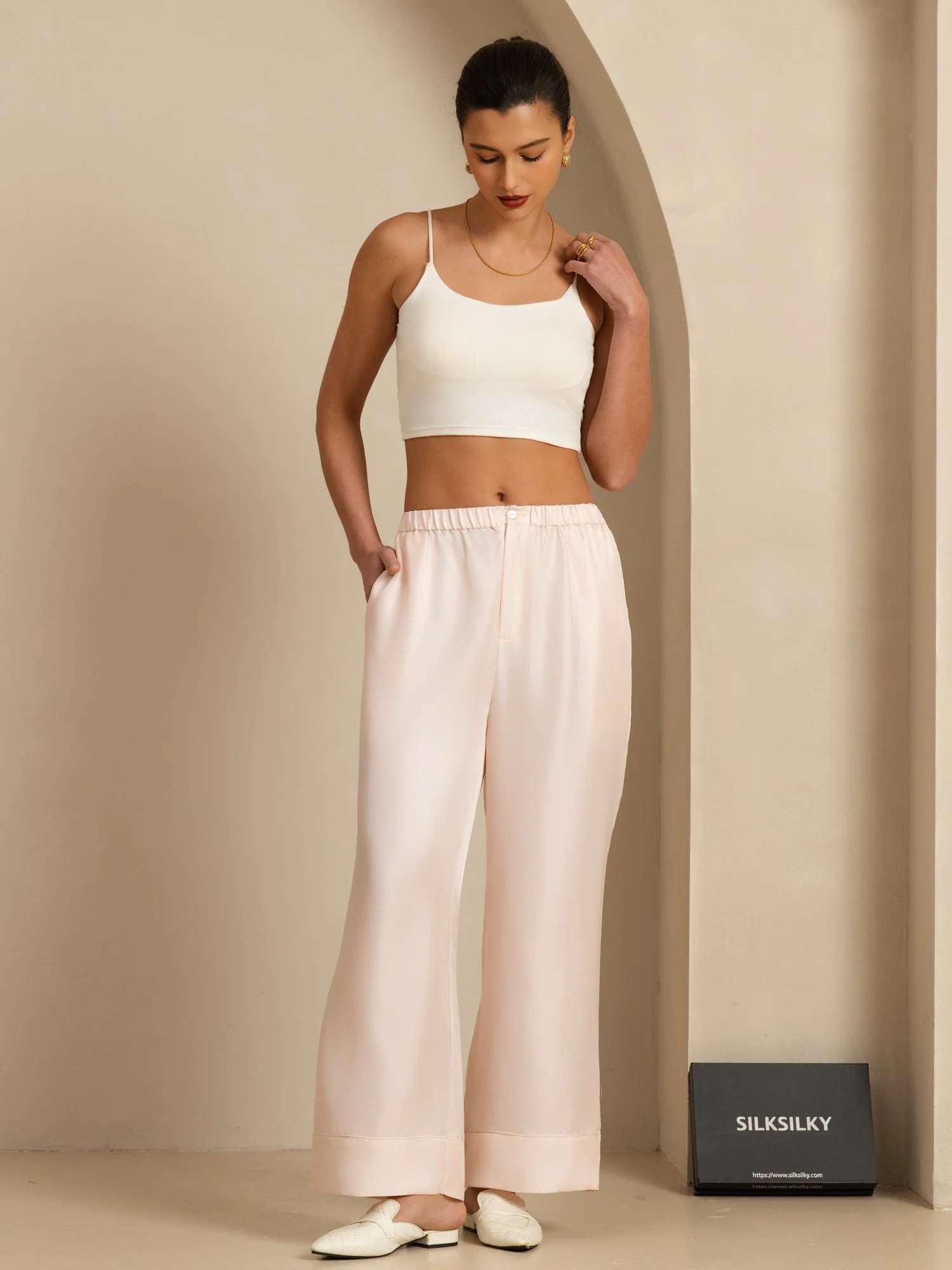 Pure Silk Women’s High Waist Full Length Elastic Waist Pants With Pockets - Image 24