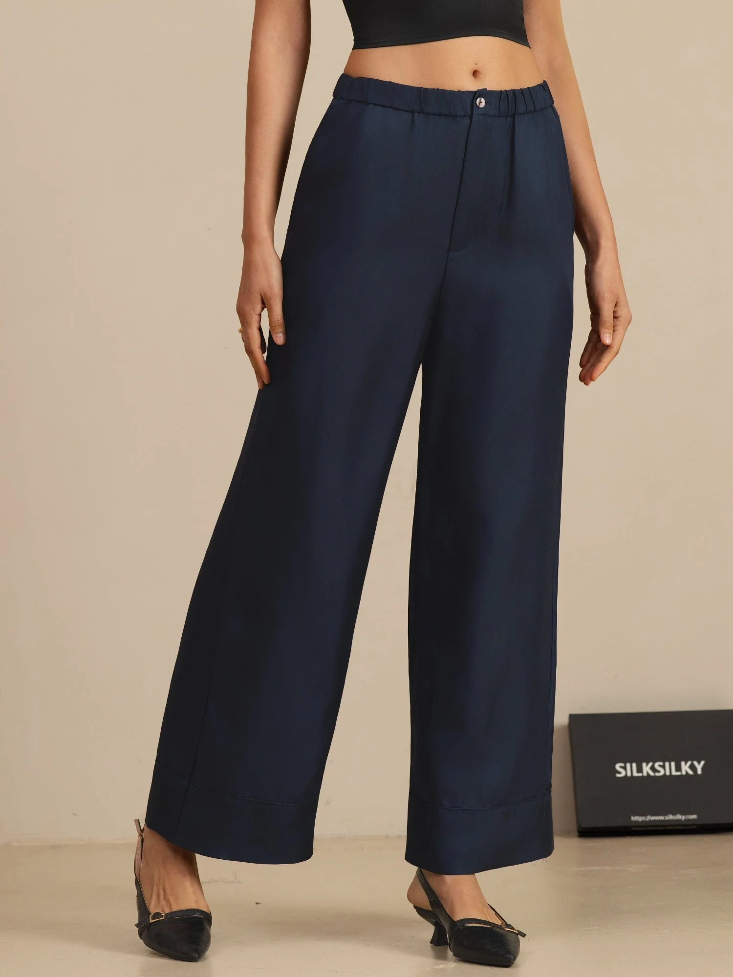 Pure Silk Women’s High Waist Full Length Elastic Waist Pants With Pockets - Image 3