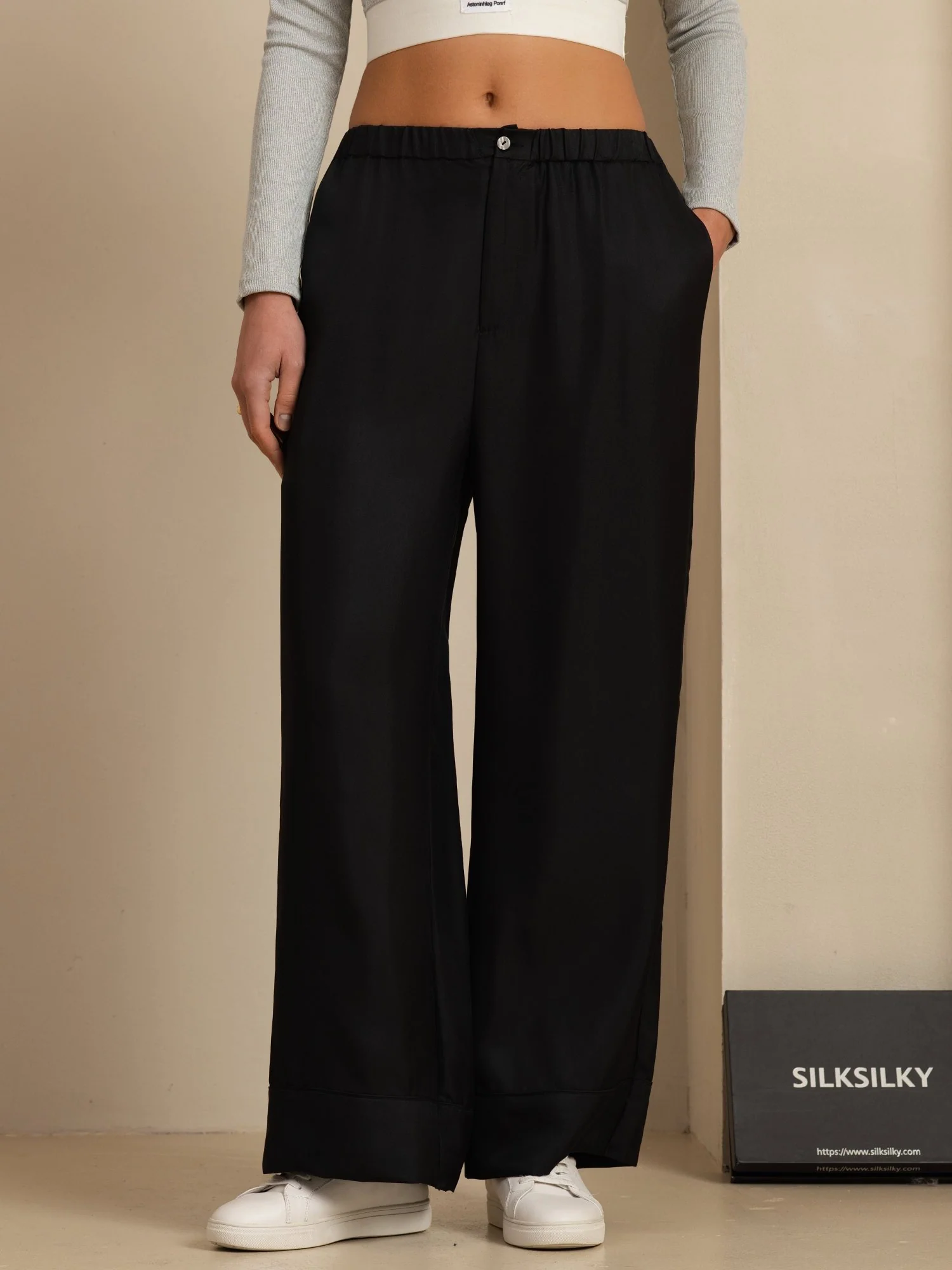 Pure Silk Women’s High Waist Full Length Elastic Waist Pants With Pockets - Image 7