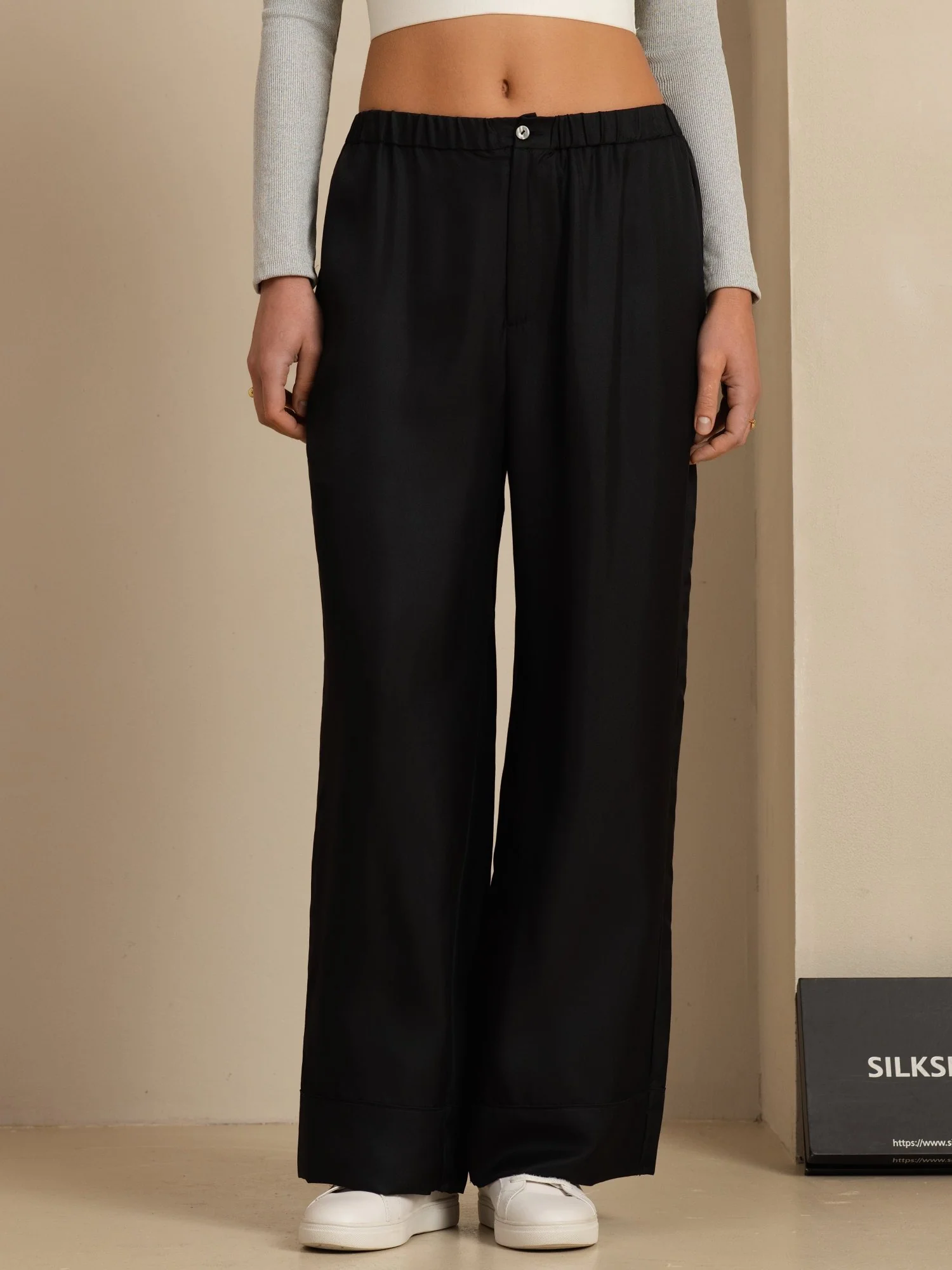 Pure Silk Women’s High Waist Full Length Elastic Waist Pants With Pockets - Image 9