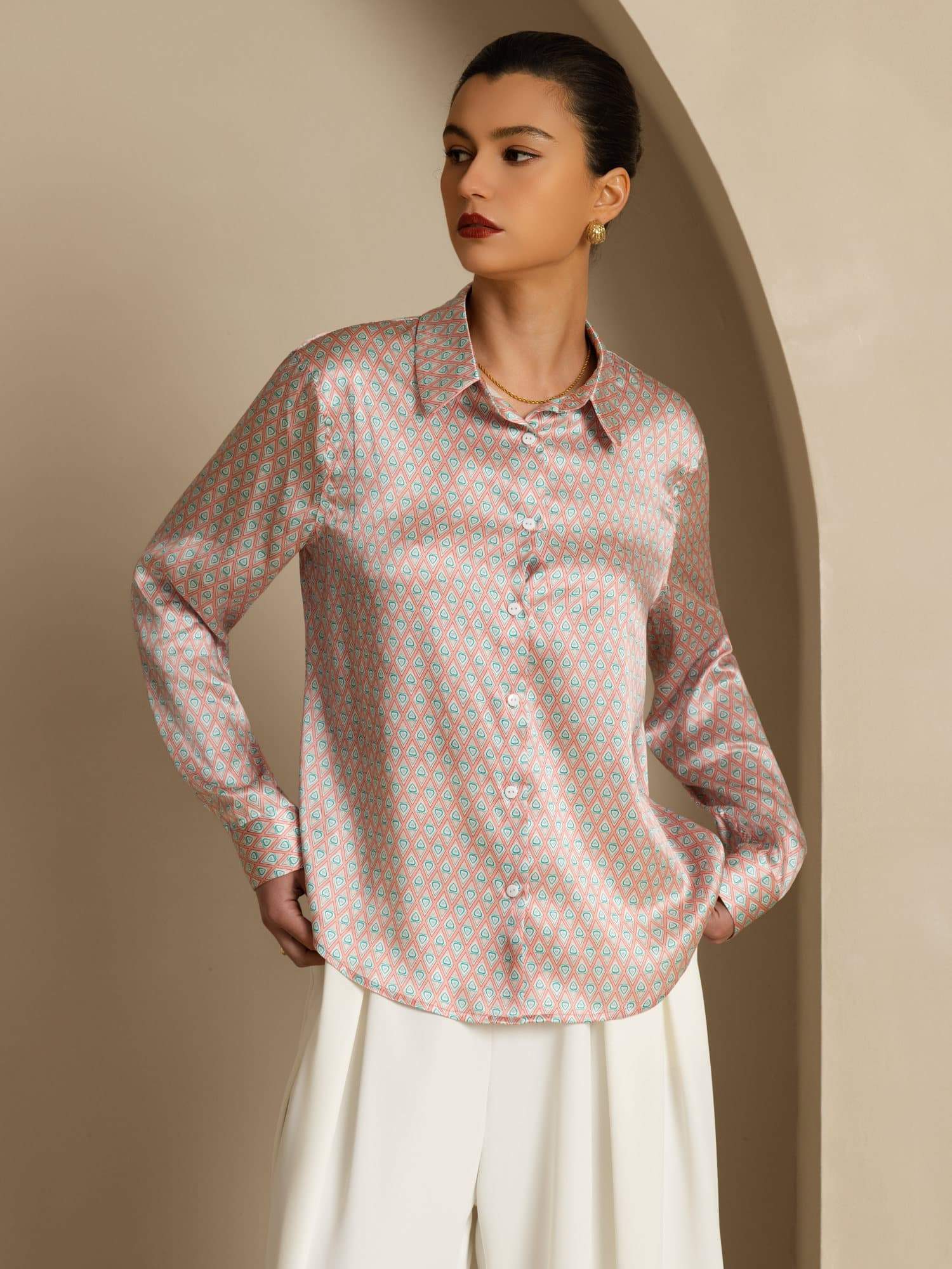 Pure Silk Women’s Long Sleeve Lapel Collar Floral Print Shirt - Image 3