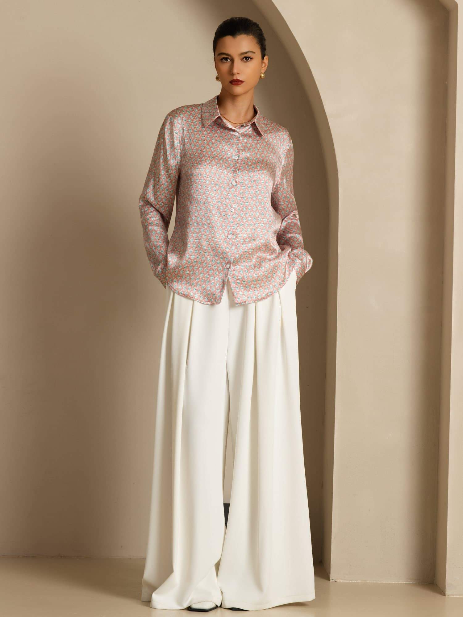 Pure Silk Women’s Long Sleeve Lapel Collar Floral Print Shirt - Image 8