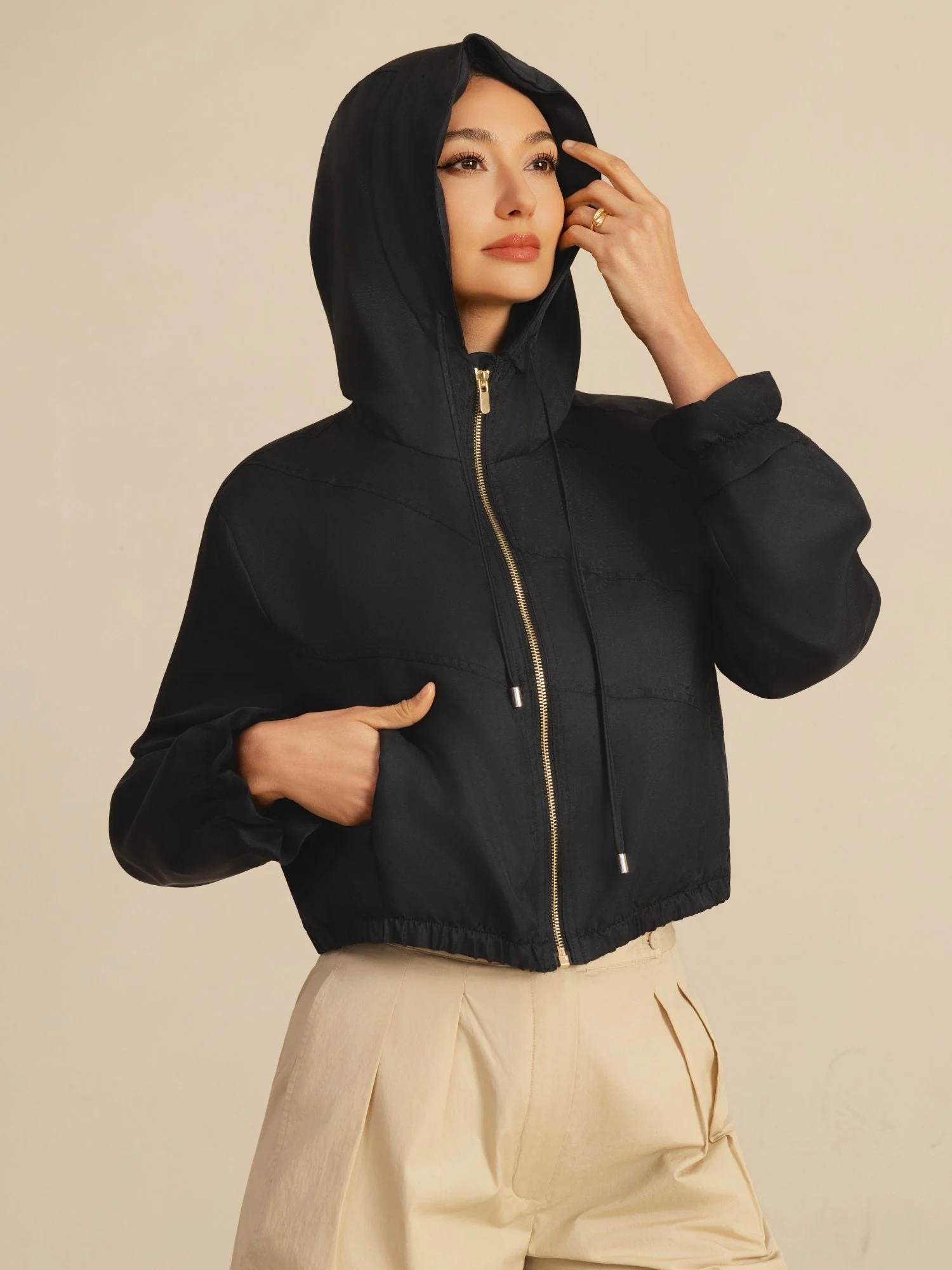 Pure Silk Women's Cropped Hooded Jacket With Pockets - Image 11