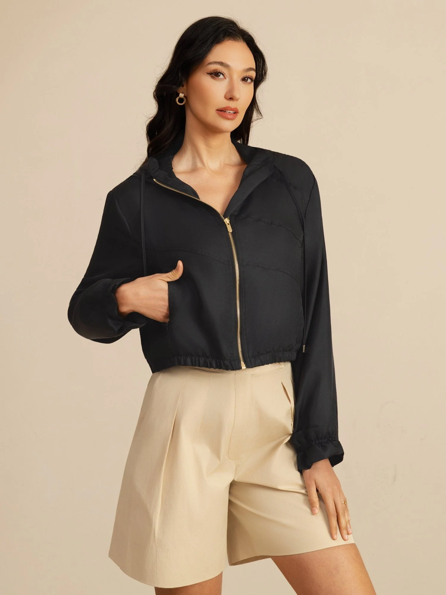 Pure Silk Women's Cropped Hooded Jacket With Pockets - Image 12