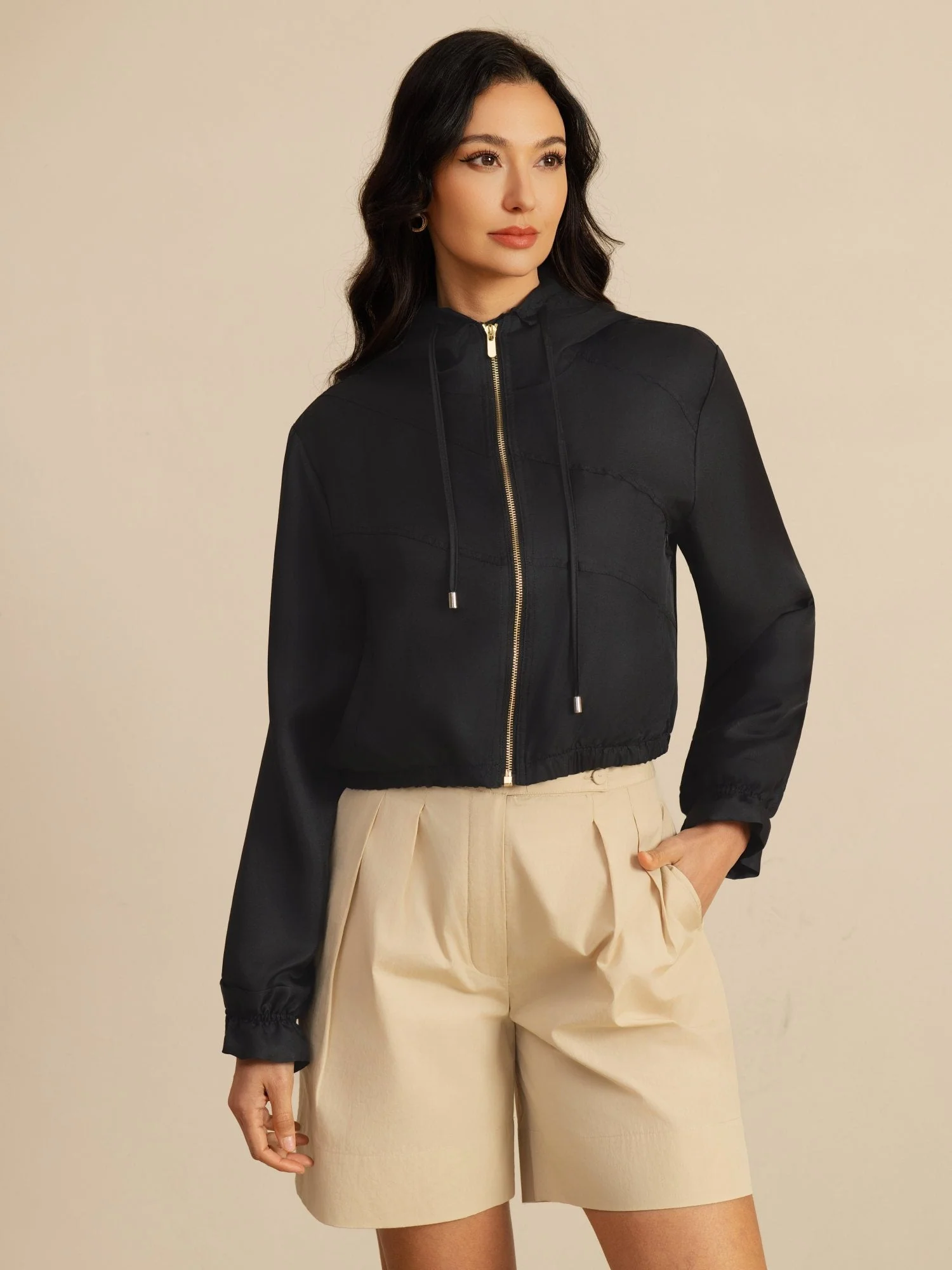 Pure Silk Women's Cropped Hooded Jacket With Pockets - Image 13