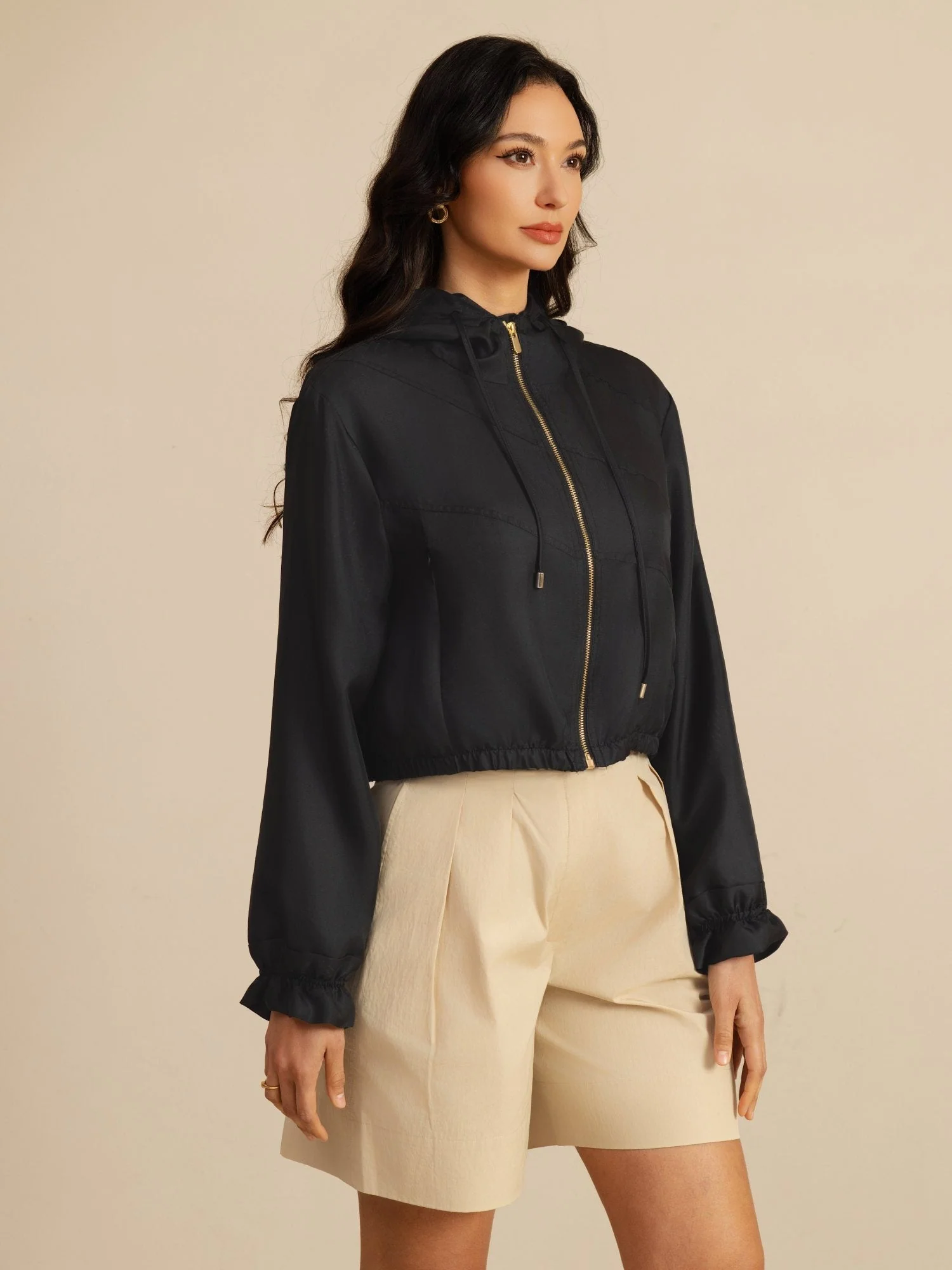 Pure Silk Women's Cropped Hooded Jacket With Pockets - Image 14