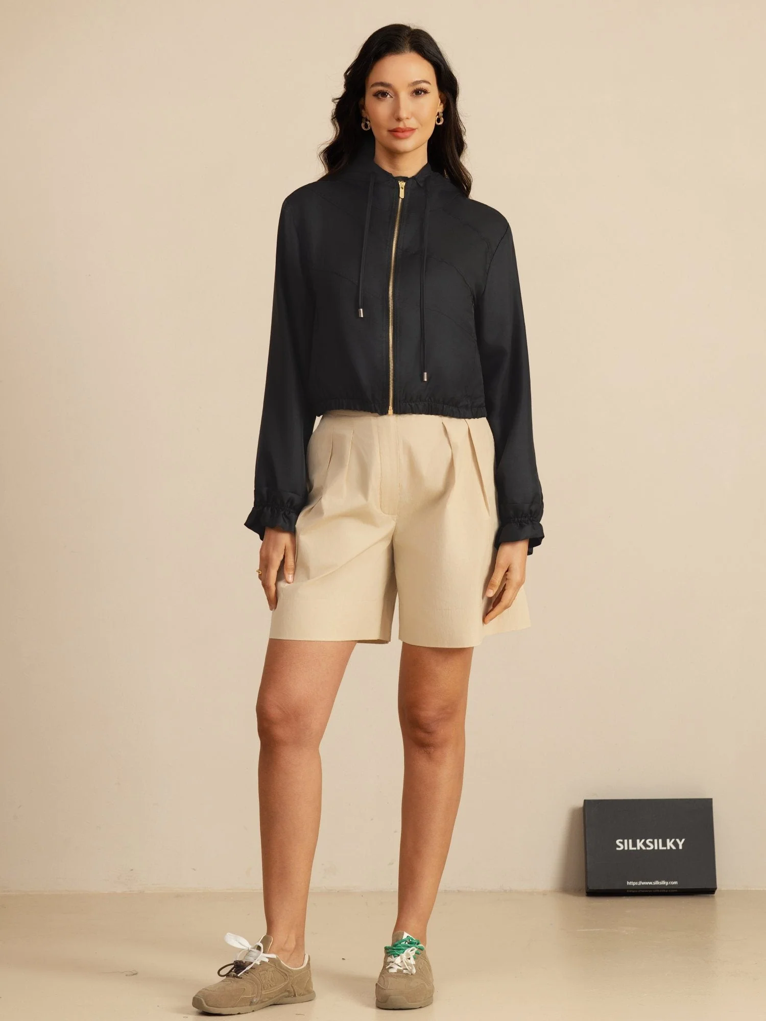 Pure Silk Women's Cropped Hooded Jacket With Pockets - Image 15