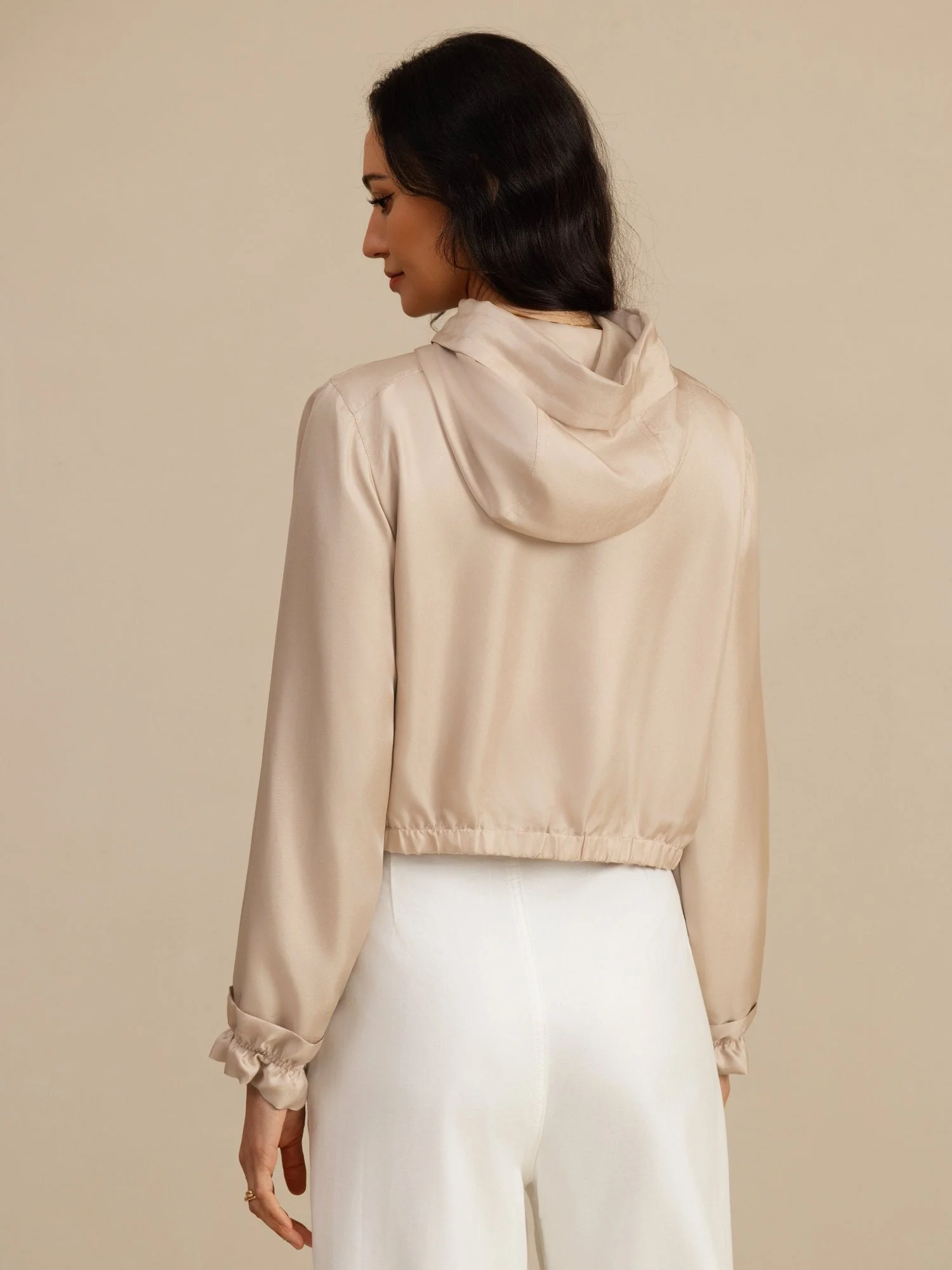 Pure Silk Women's Cropped Hooded Jacket With Pockets - Image 18