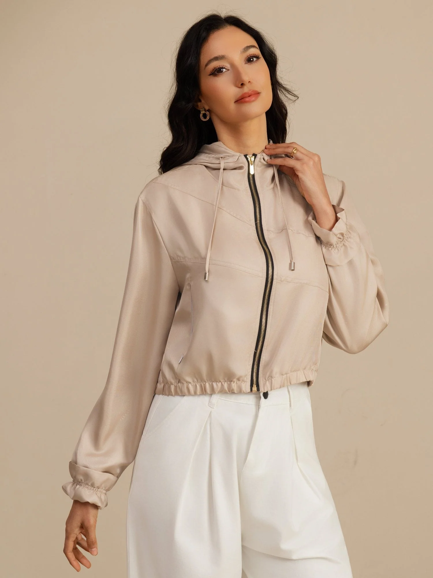 Pure Silk Women's Cropped Hooded Jacket With Pockets - Image 19