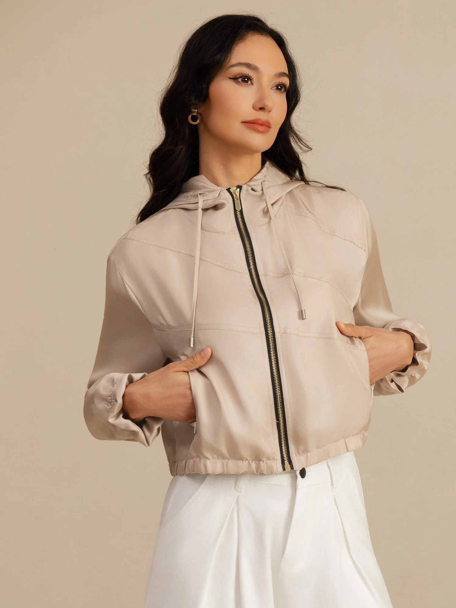 Pure Silk Women's Cropped Hooded Jacket With Pockets - Image 20