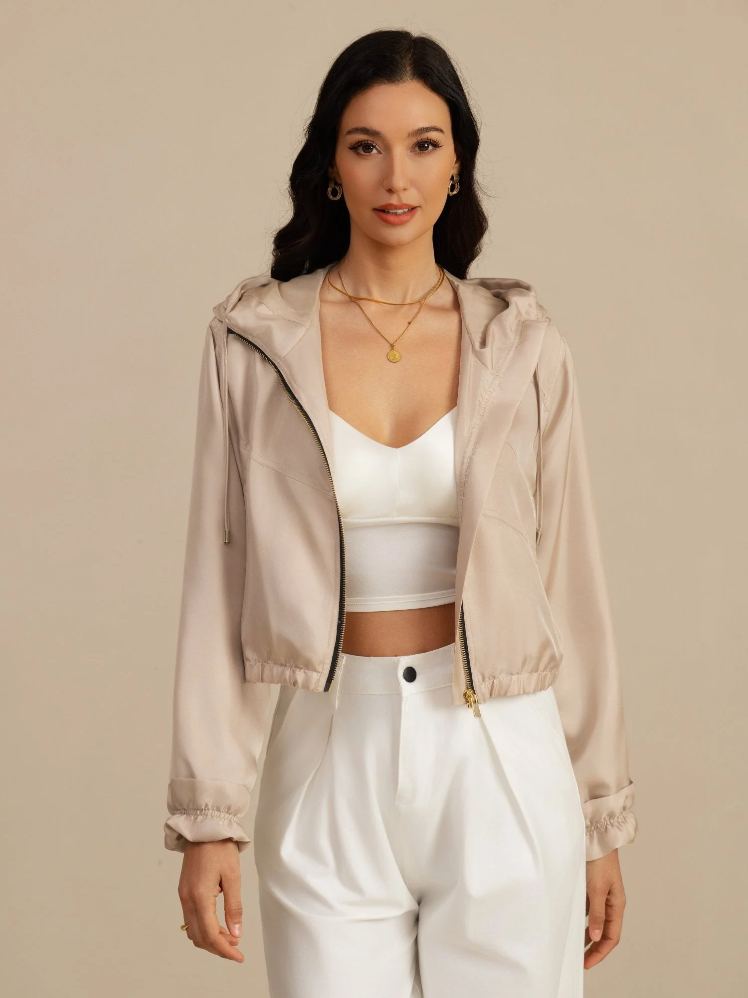 Pure Silk Women's Cropped Hooded Jacket With Pockets - Image 21
