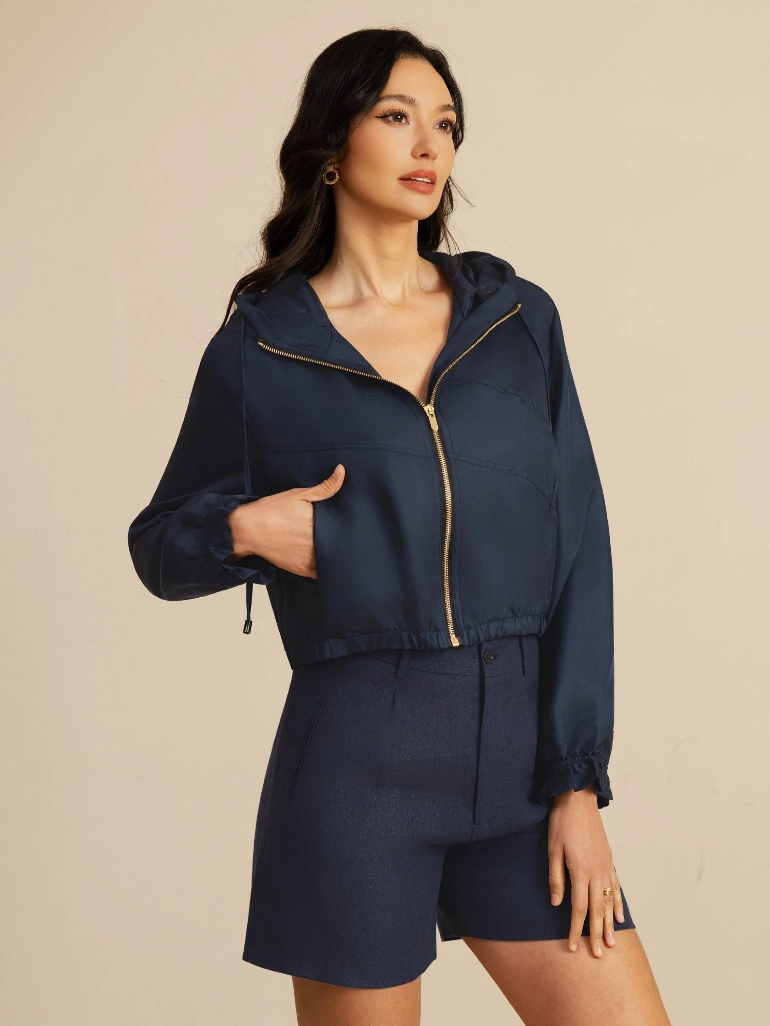 Pure Silk Women's Cropped Hooded Jacket With Pockets - Image 3