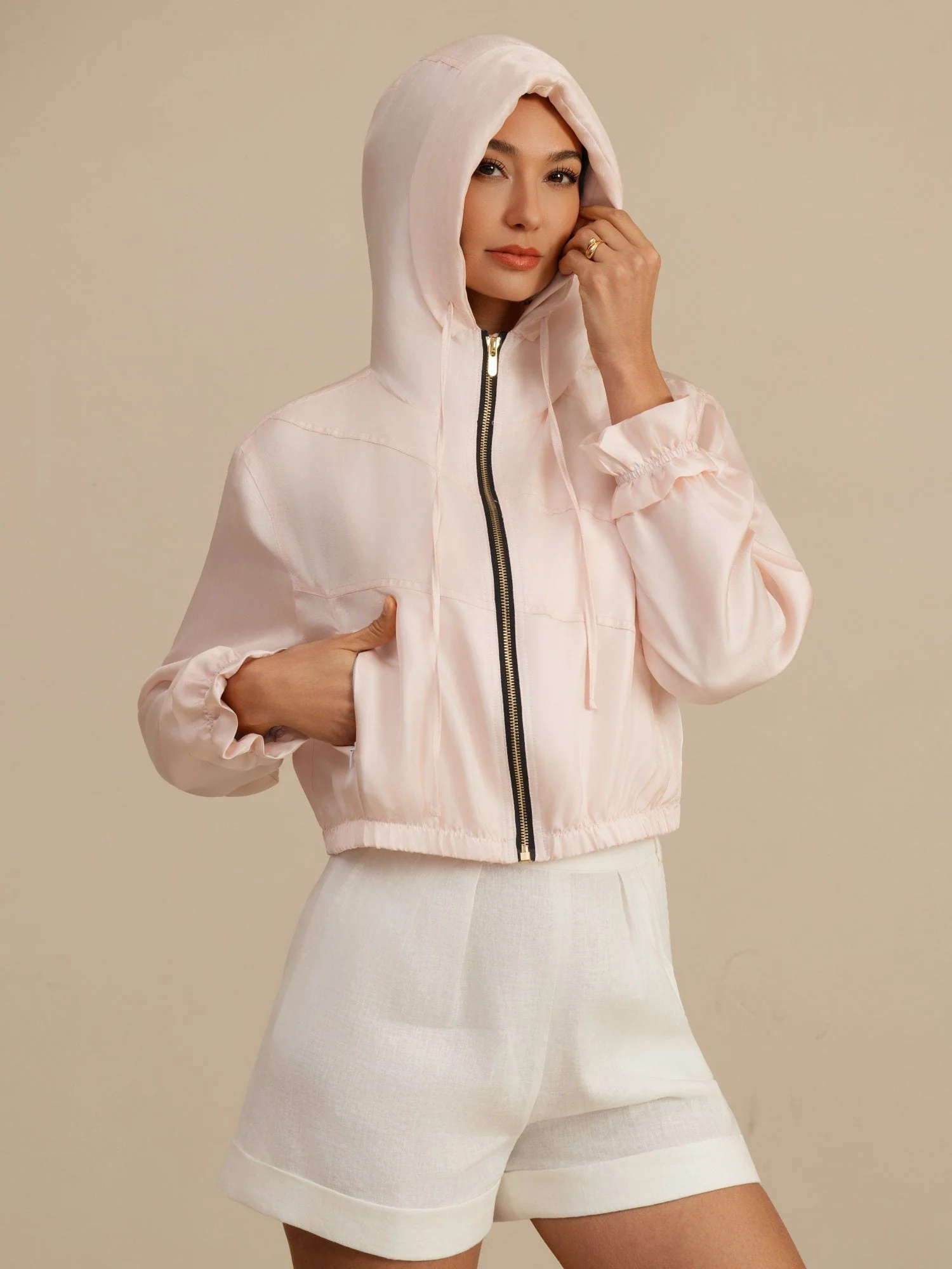 Pure Silk Women's Cropped Hooded Jacket With Pockets - Image 30