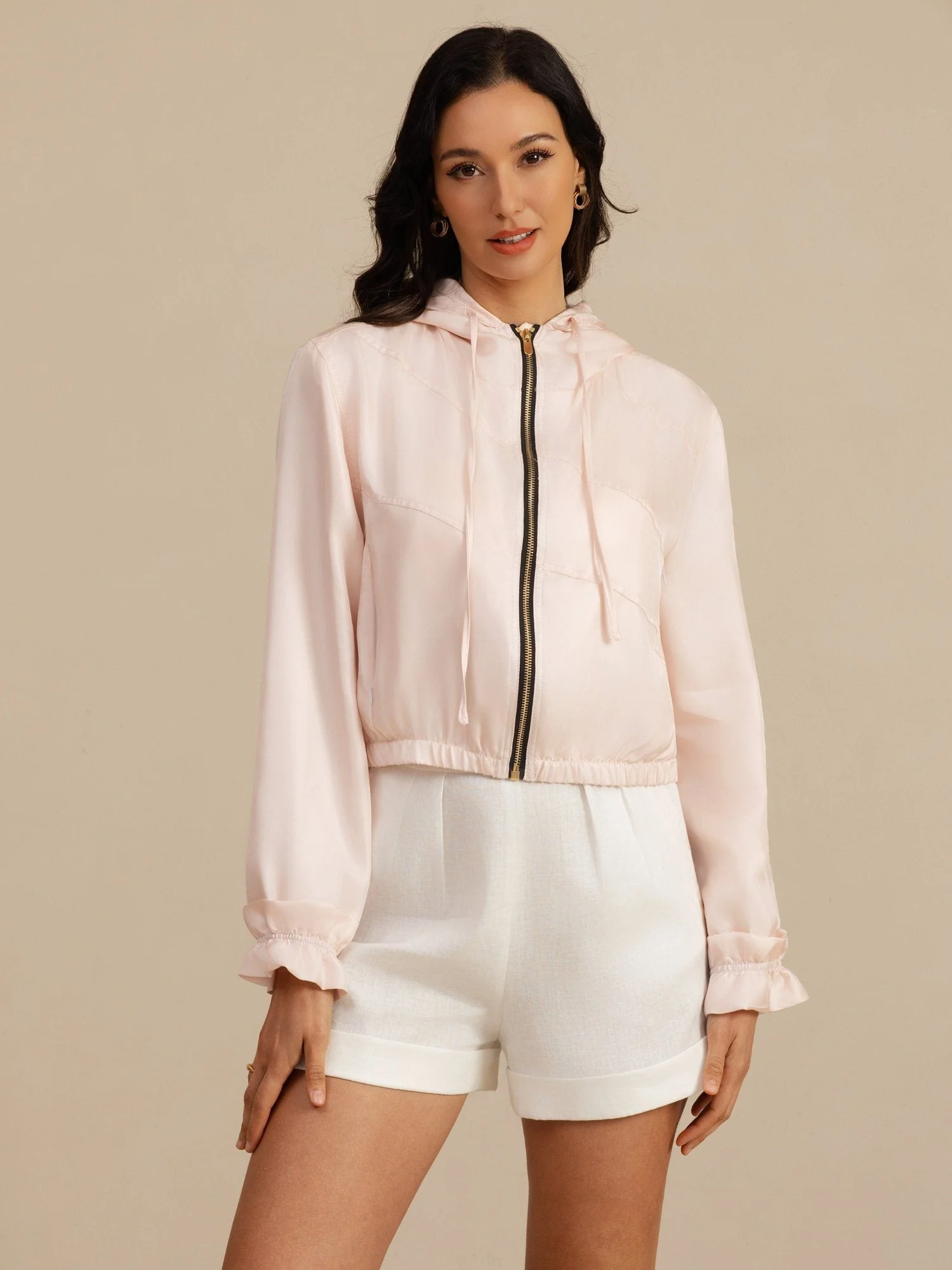 Pure Silk Women's Cropped Hooded Jacket With Pockets - Image 31
