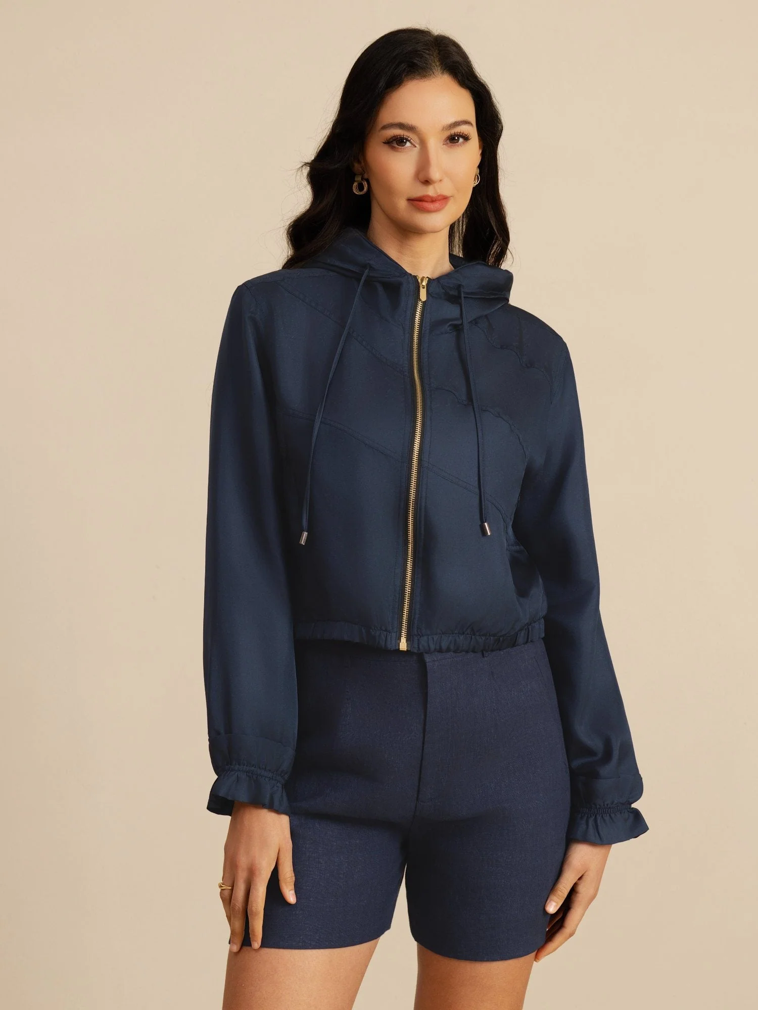 Pure Silk Women's Cropped Hooded Jacket With Pockets - Image 4
