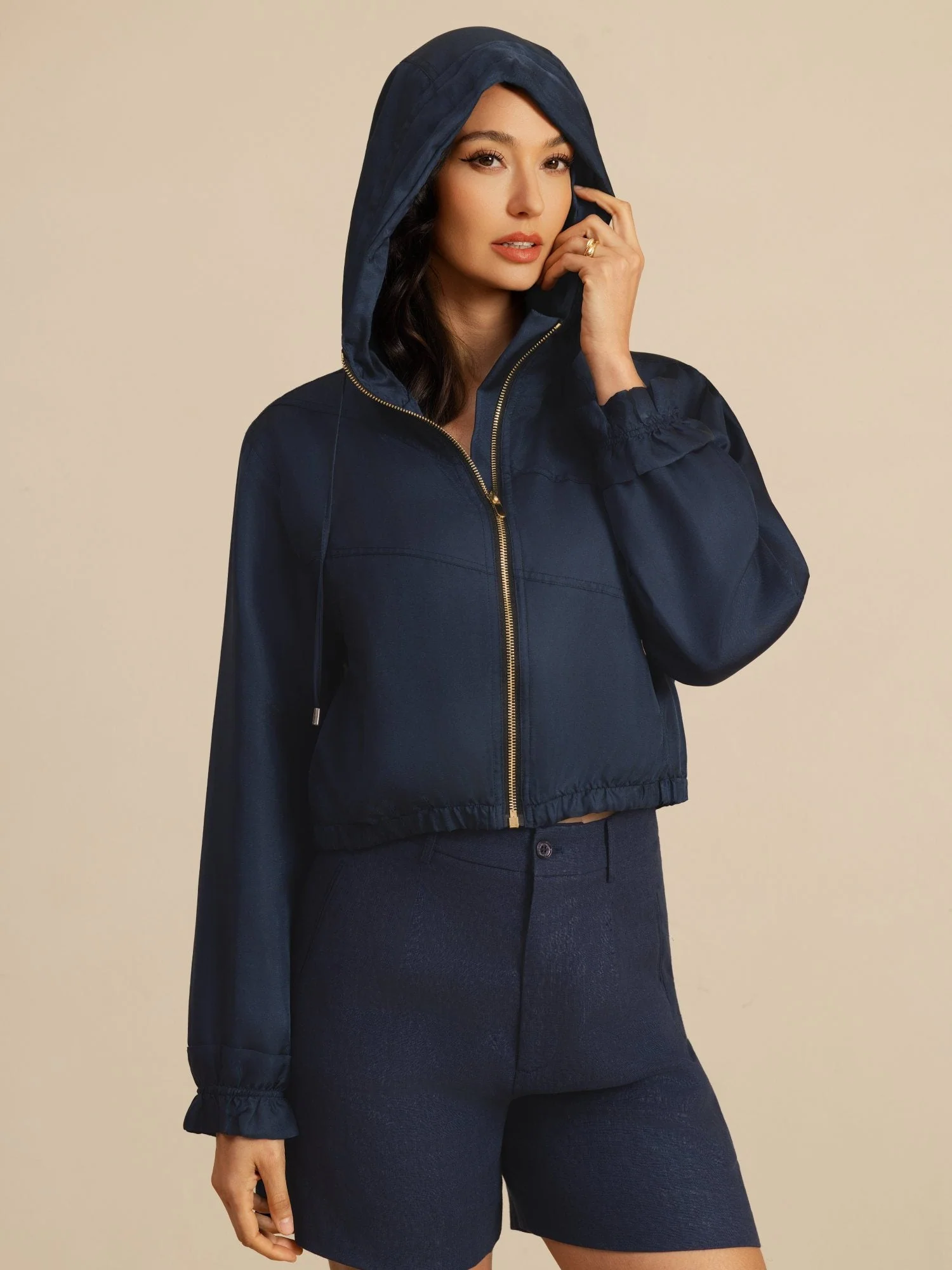 Pure Silk Women's Cropped Hooded Jacket With Pockets - Image 5