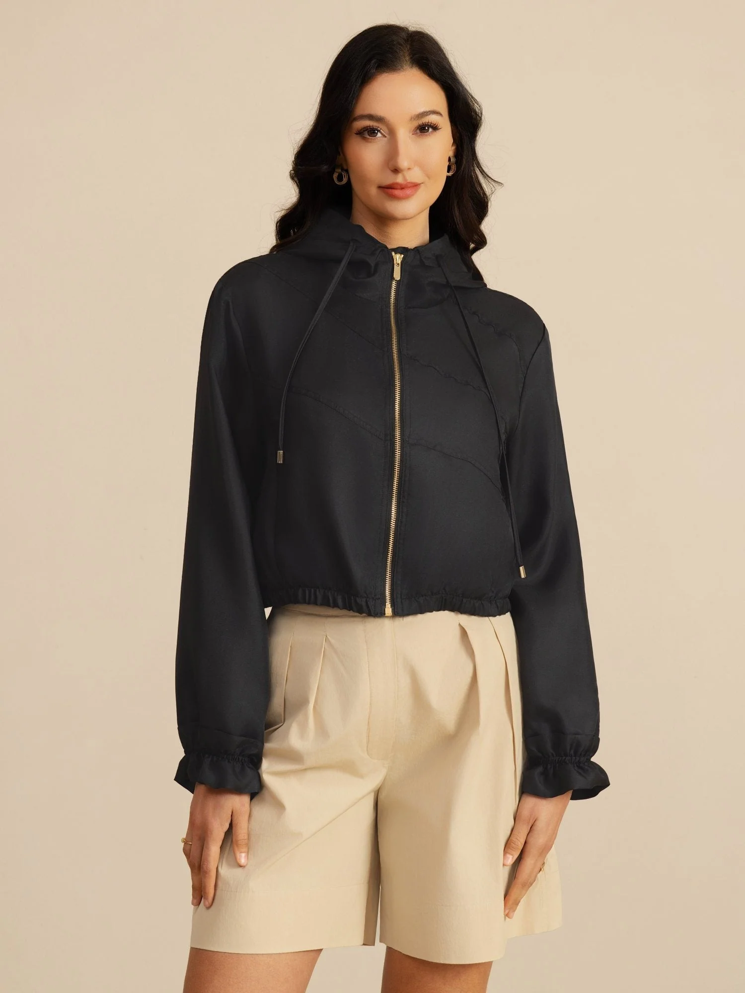 Pure Silk Women's Cropped Hooded Jacket With Pockets - Image 9