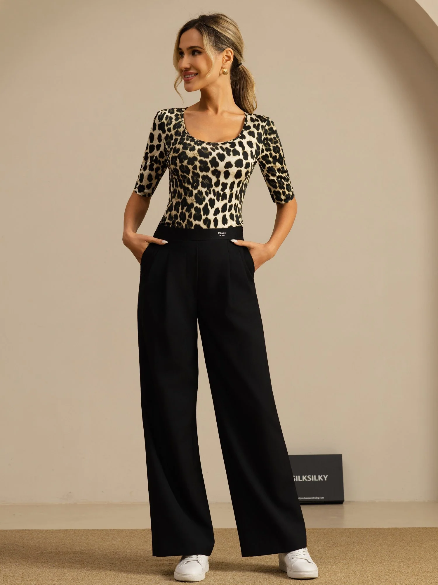 Pure Silk Women's Half Sleeve Scoop Neck Wild Animal Print Top - Image 14
