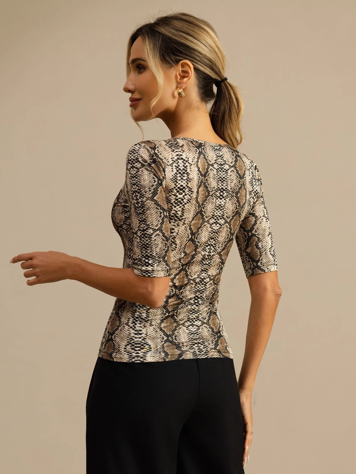 Pure Silk Women's Half Sleeve Scoop Neck Wild Animal Print Top - Image 17