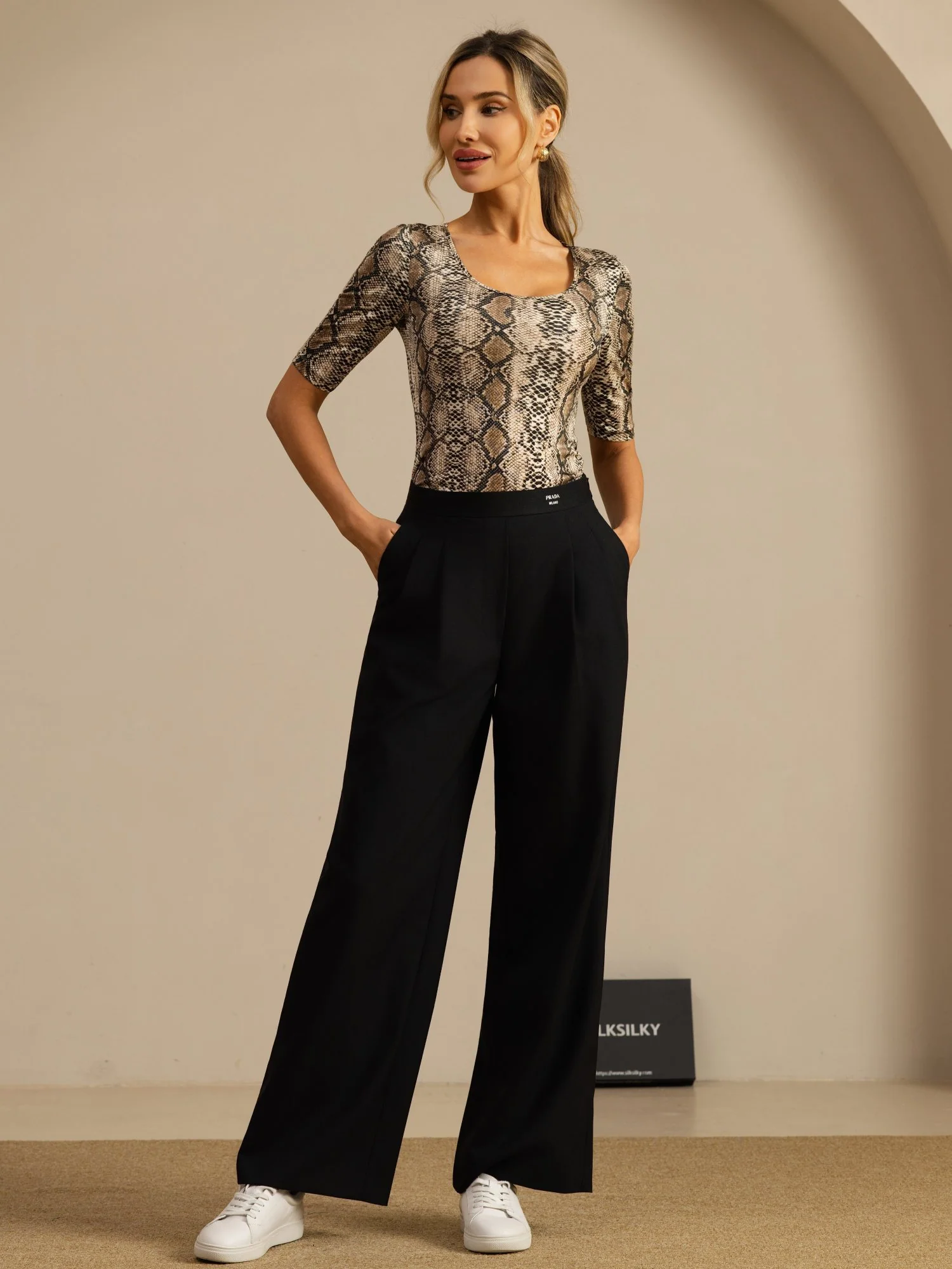 Pure Silk Women's Half Sleeve Scoop Neck Wild Animal Print Top - Image 22