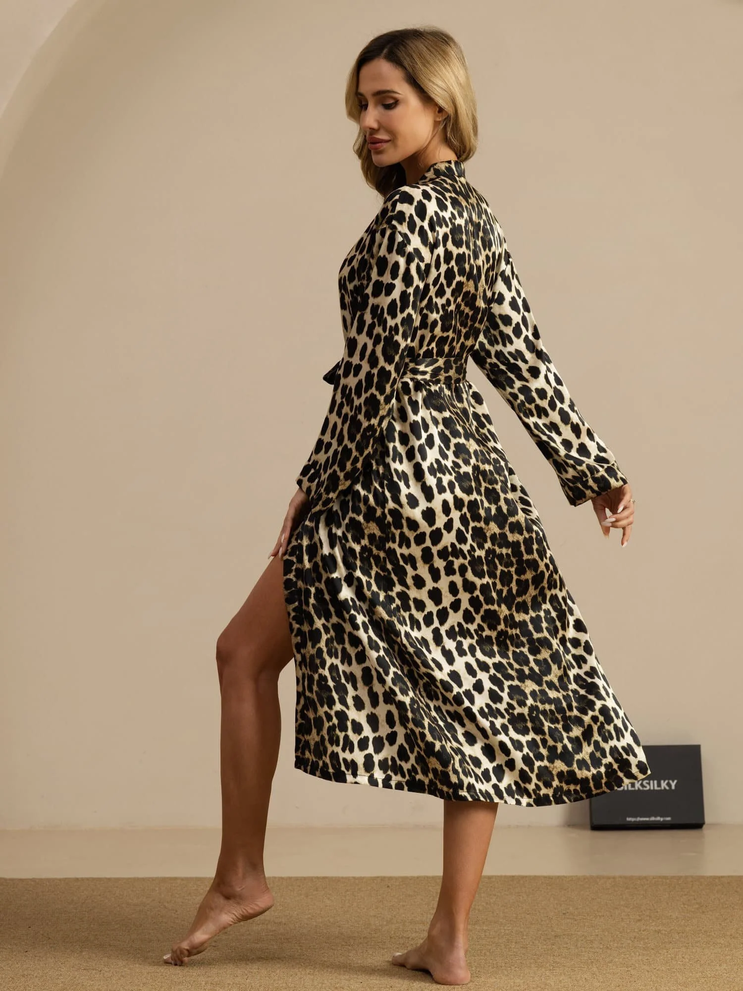 Pure Silk Women's Long Sleeve Midi Leopard Printed Robe - Image 2