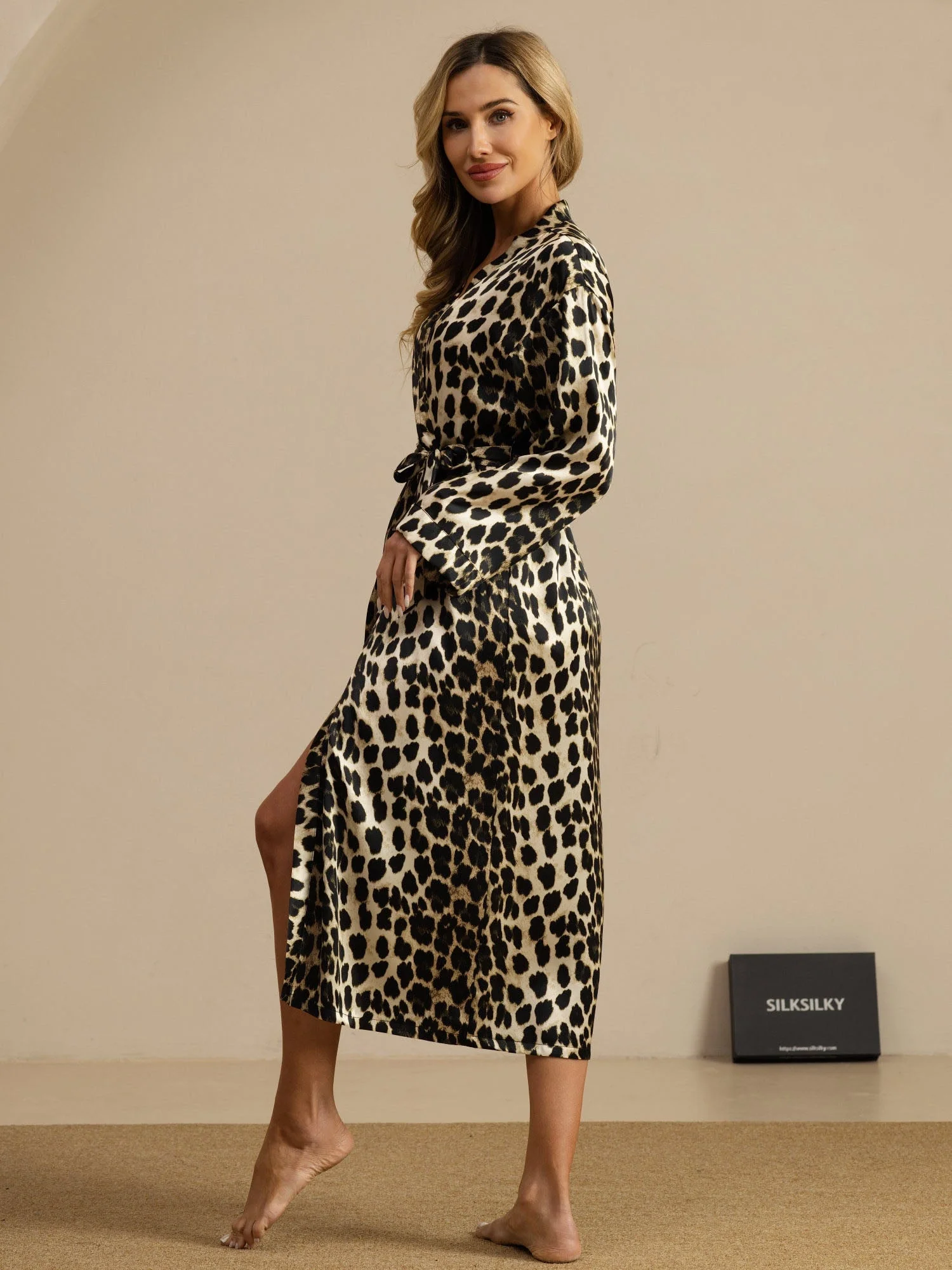 Pure Silk Women's Long Sleeve Midi Leopard Printed Robe - Image 3