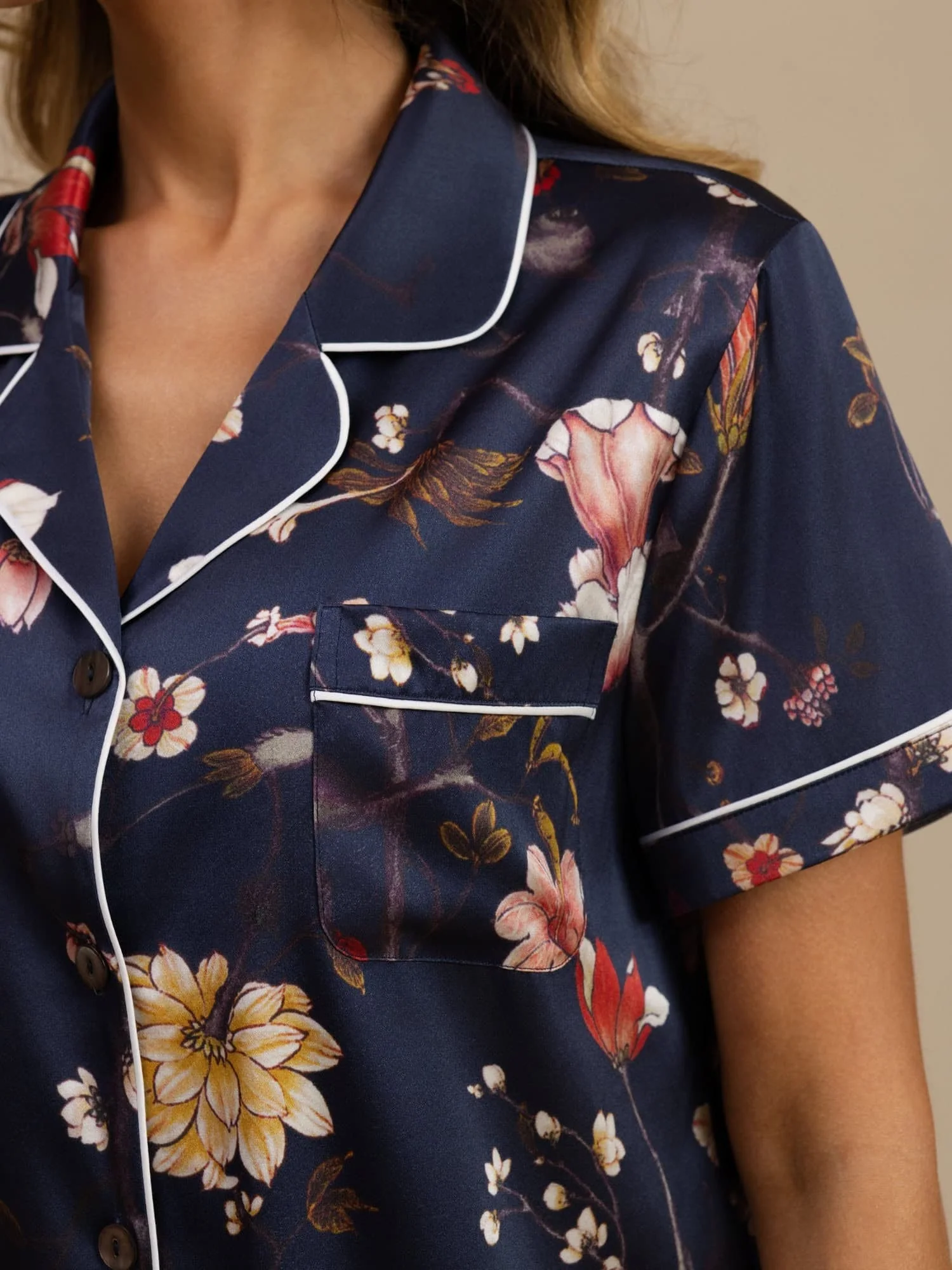 19Momme Silk Women's Navy Floral Print Short Sleeve Notch Collar Button Up Pajamas Set - Image 4