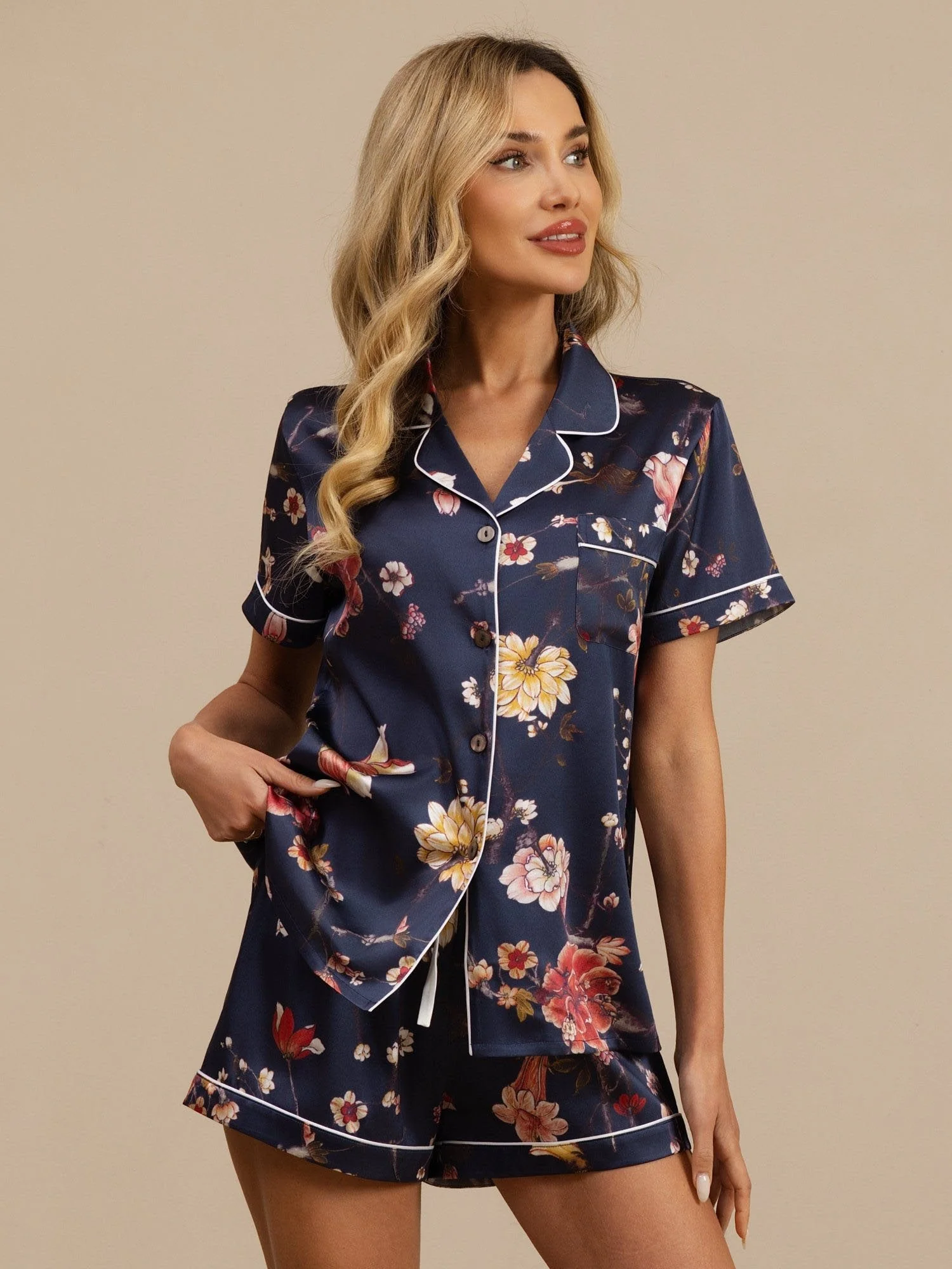 19Momme Silk Women's Navy Floral Print Short Sleeve Notch Collar Button Up Pajamas Set - Image 6