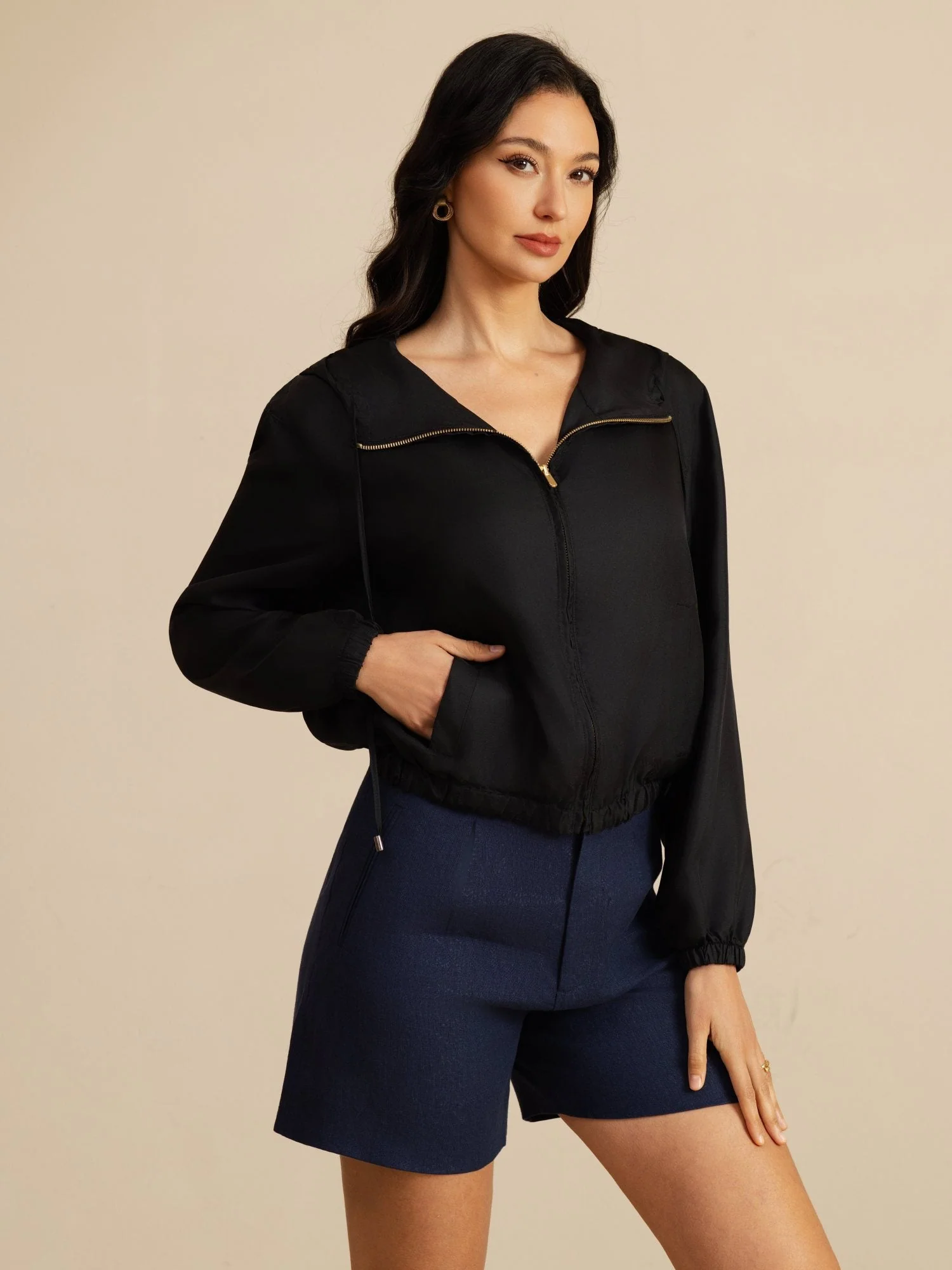 Pure Silk Women's Short Hooded Jacket With Pockets - Image 10
