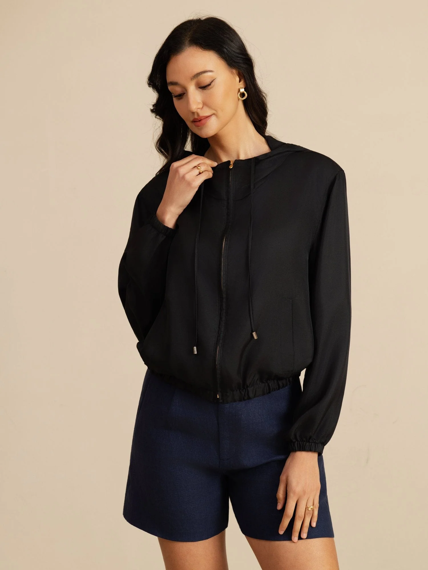 Pure Silk Women's Short Hooded Jacket With Pockets - Image 11