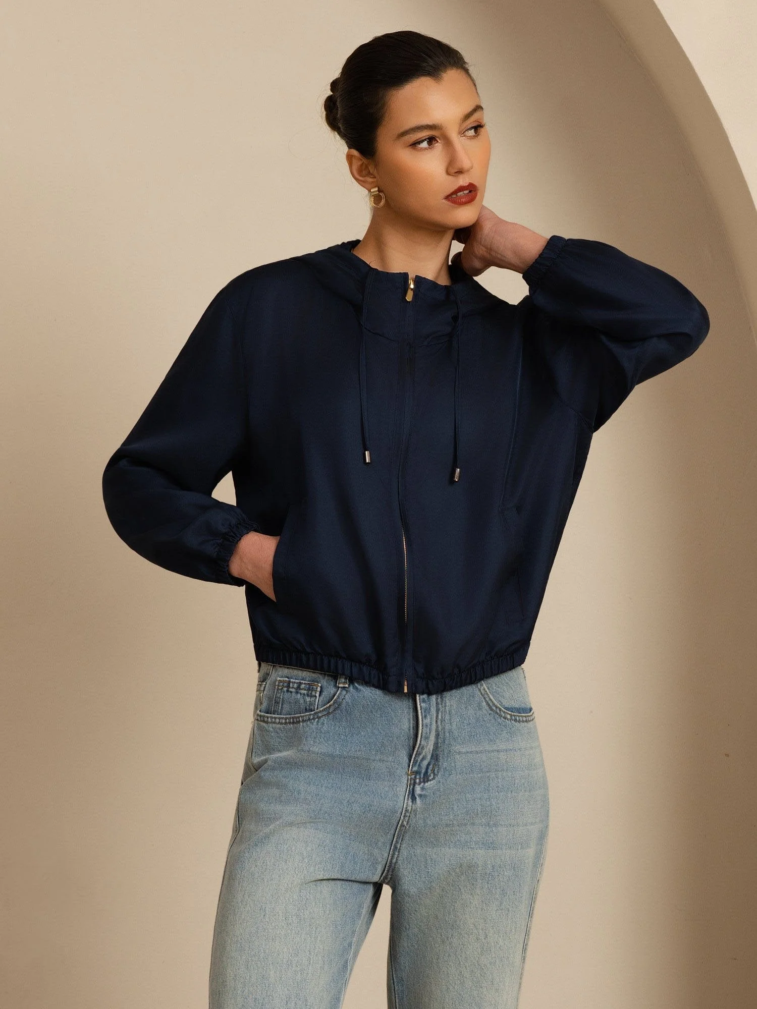 Pure Silk Women's Short Hooded Jacket With Pockets - Image 21