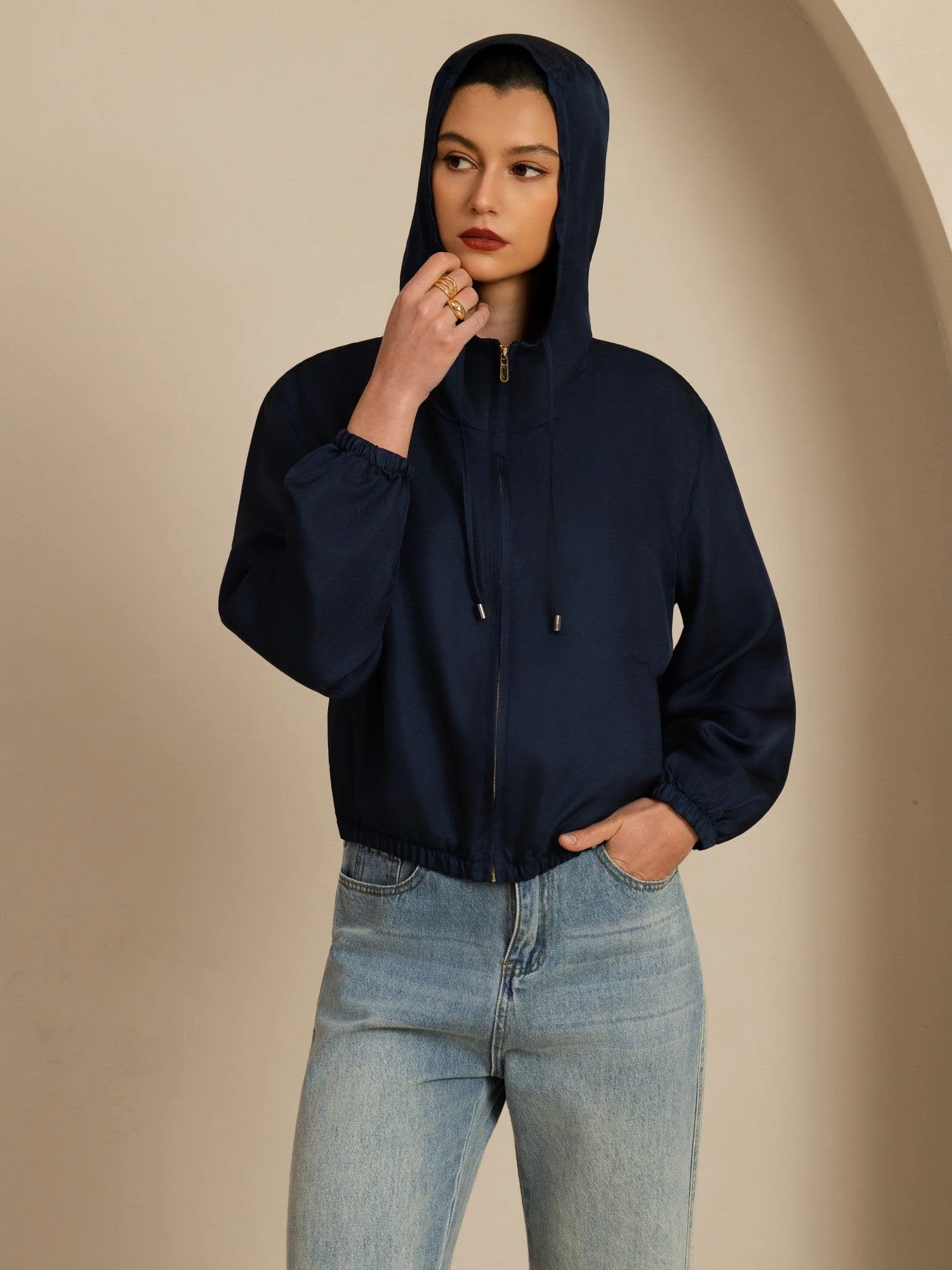 Pure Silk Women's Short Hooded Jacket With Pockets - Image 24