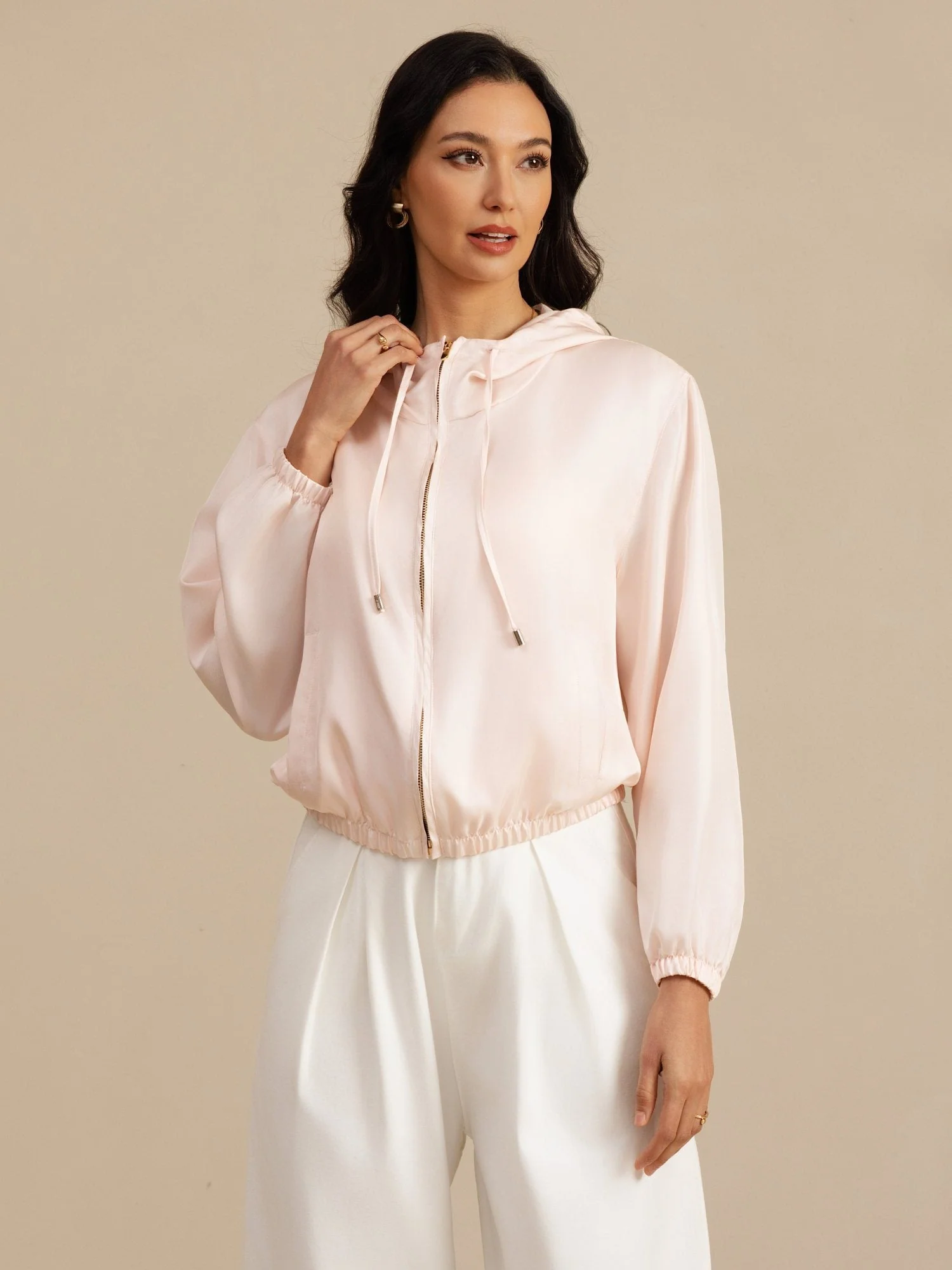 Pure Silk Women's Short Hooded Jacket With Pockets - Image 4