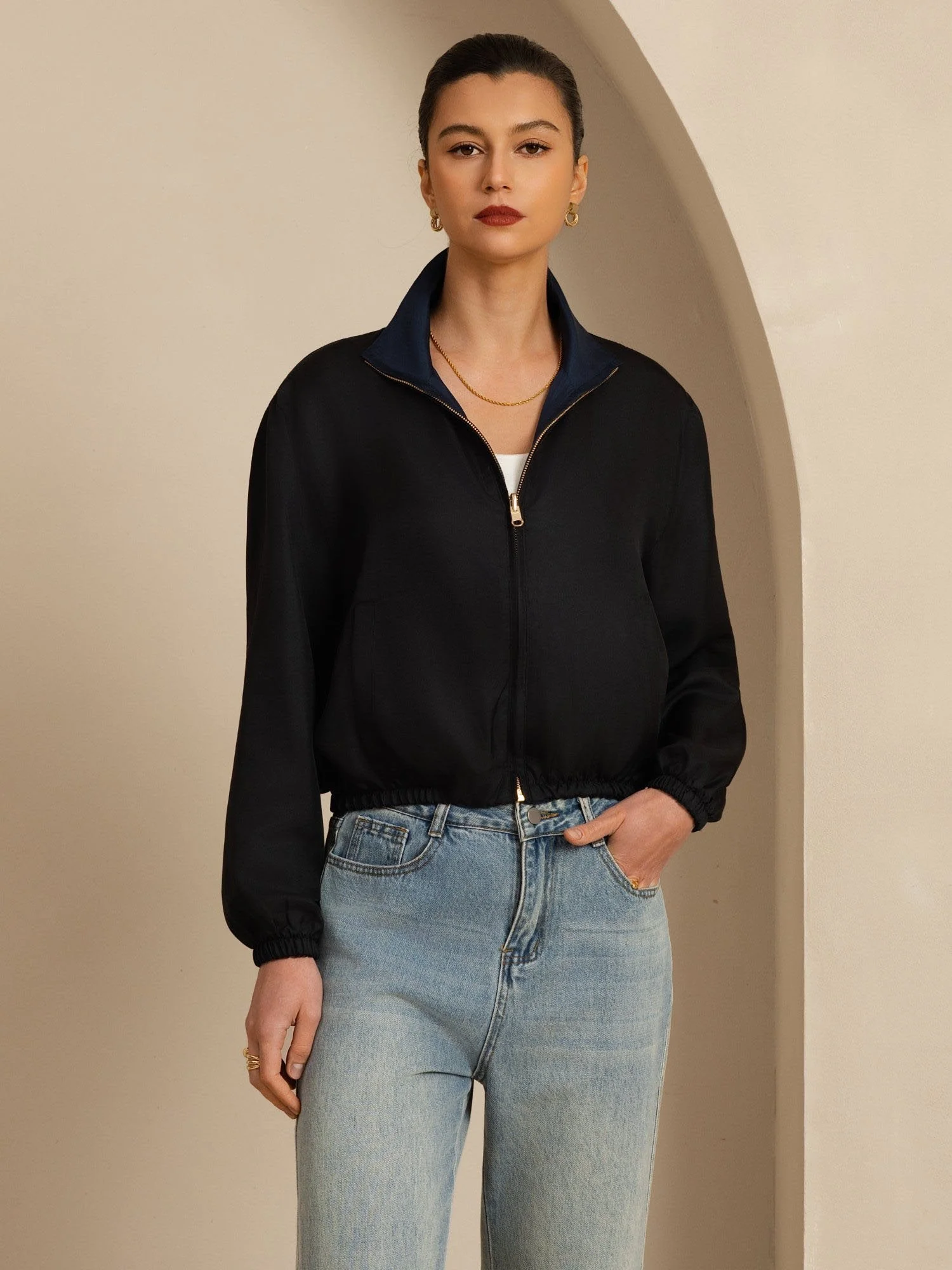 Pure Silk Women's Short Stand Collar Reversible Jacket With Pockets - Image 13