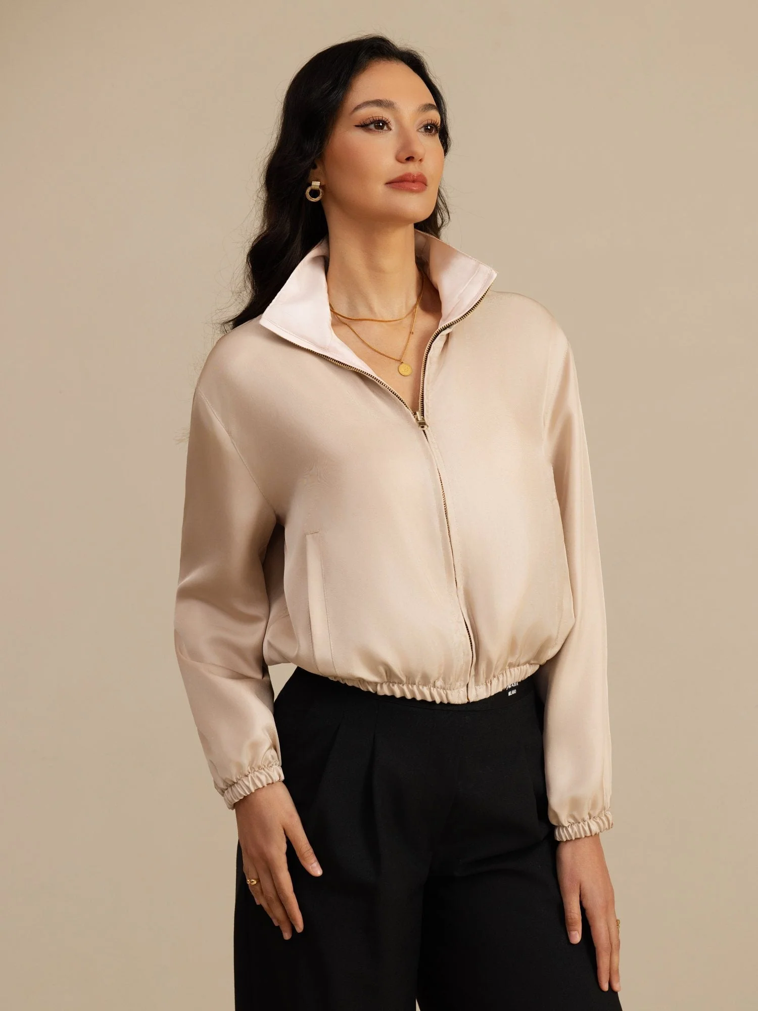 Pure Silk Women's Short Stand Collar Reversible Jacket With Pockets - Image 3